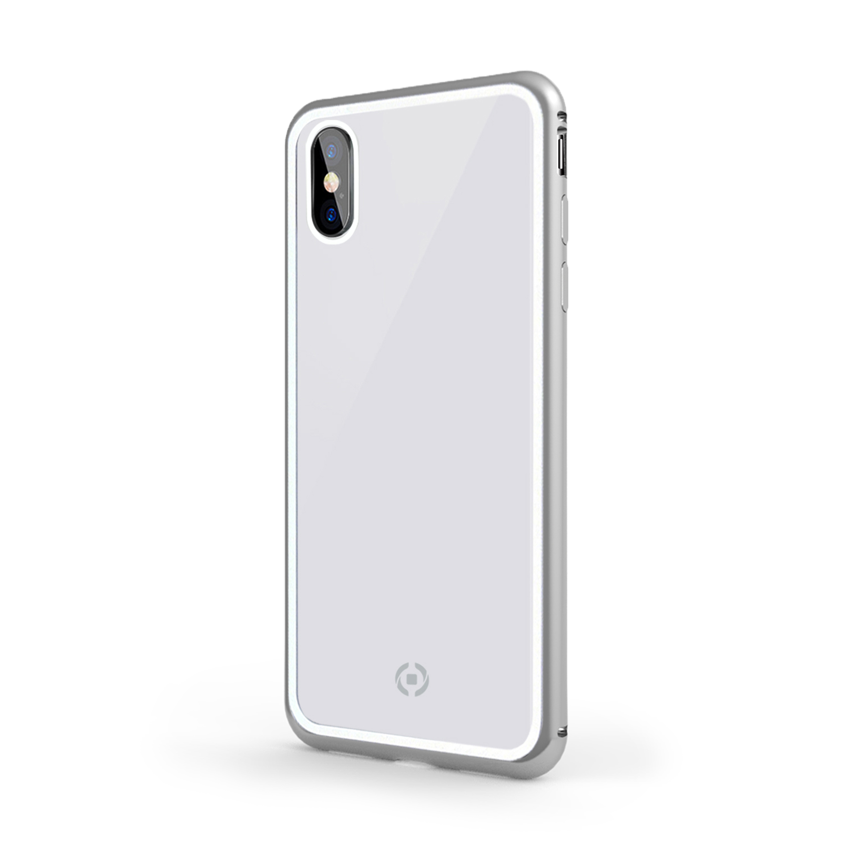 Una custodia trasparente per telefono con cornice argentata. Sfondo bianco.