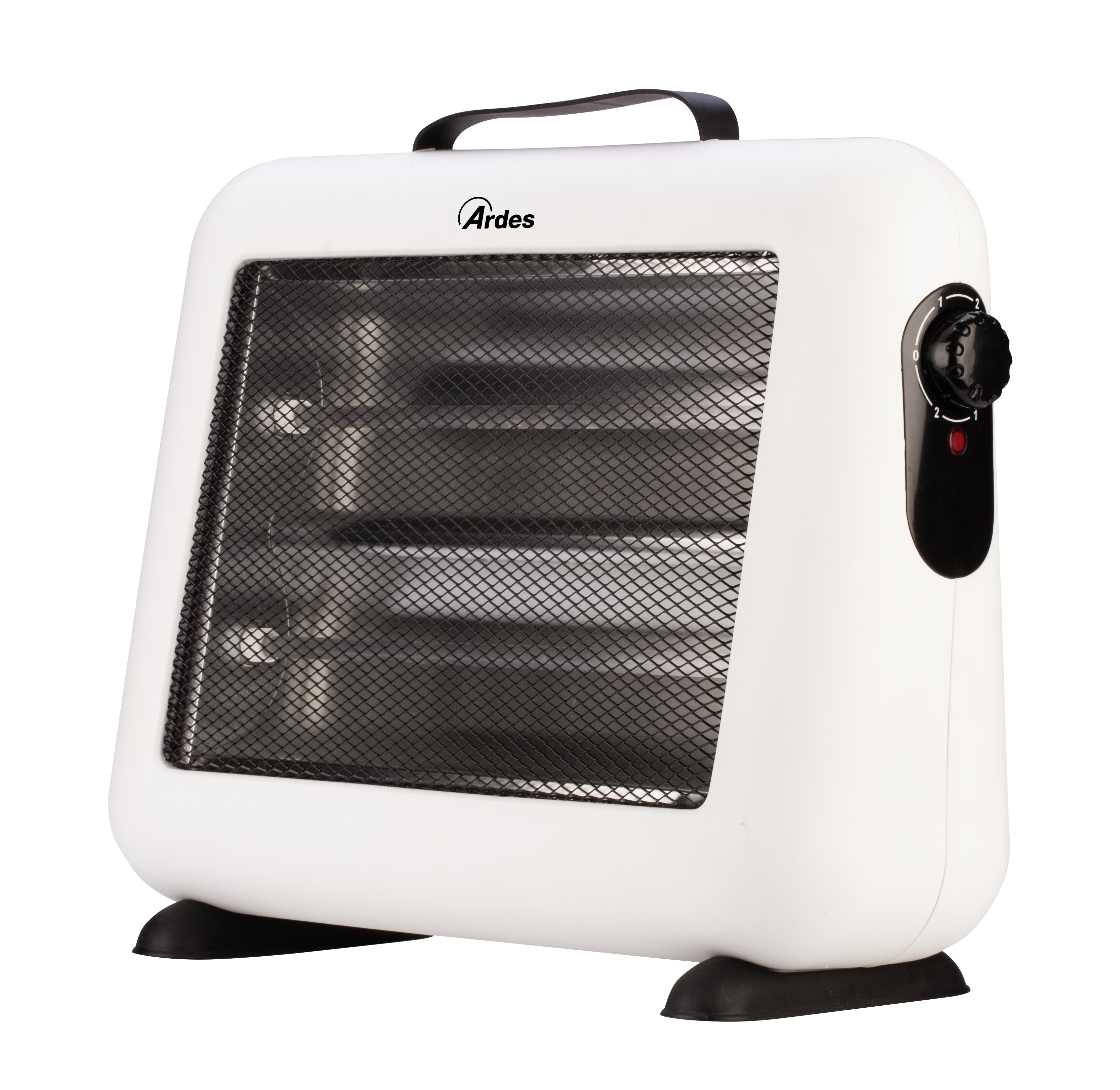 Biały elektryczny grzejnik przestrzenny z czarną siatką i czarnym pokrętłem na białym tle.