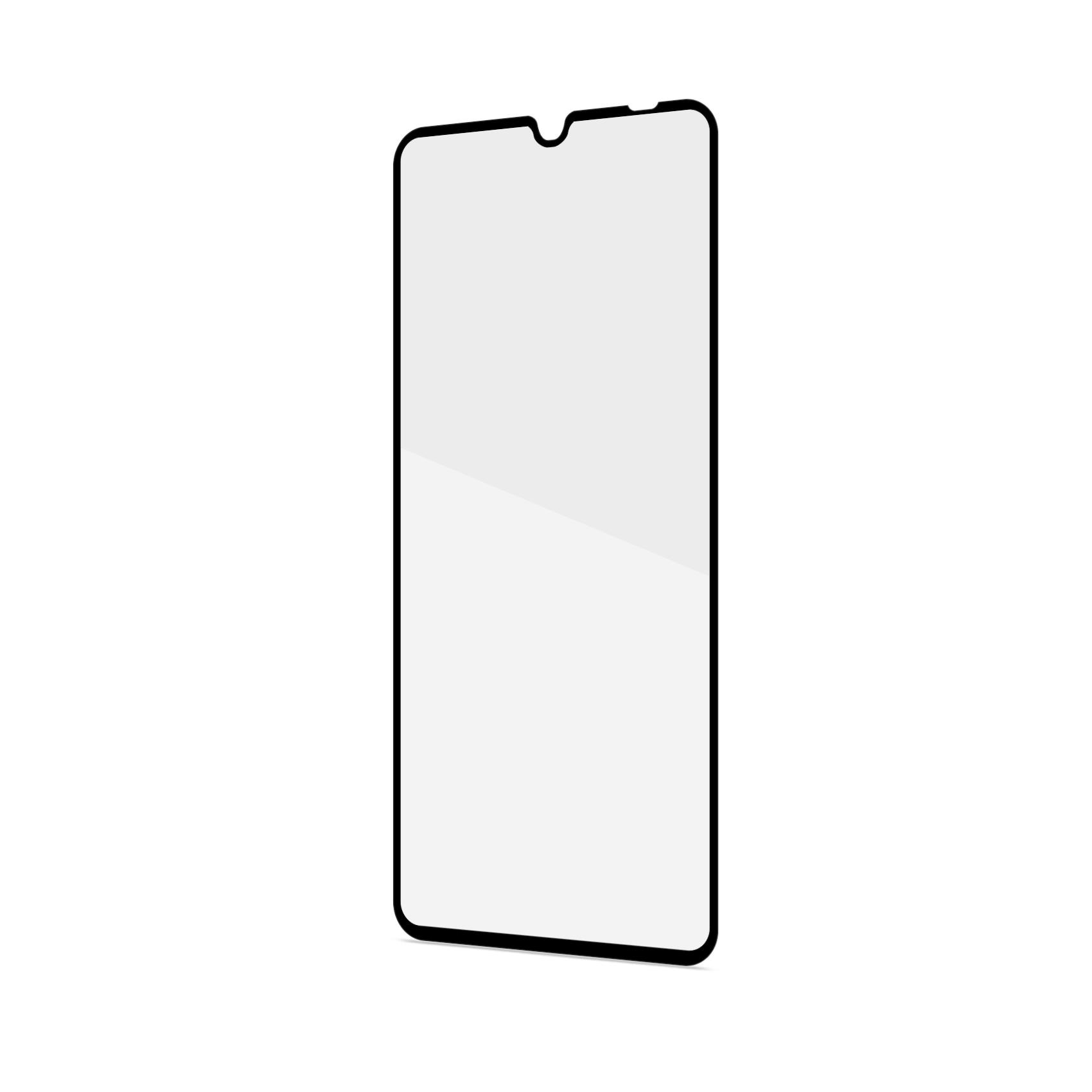 Una protezione schermo trasparente per un telefono, con cornice nera, isolata su bianco.