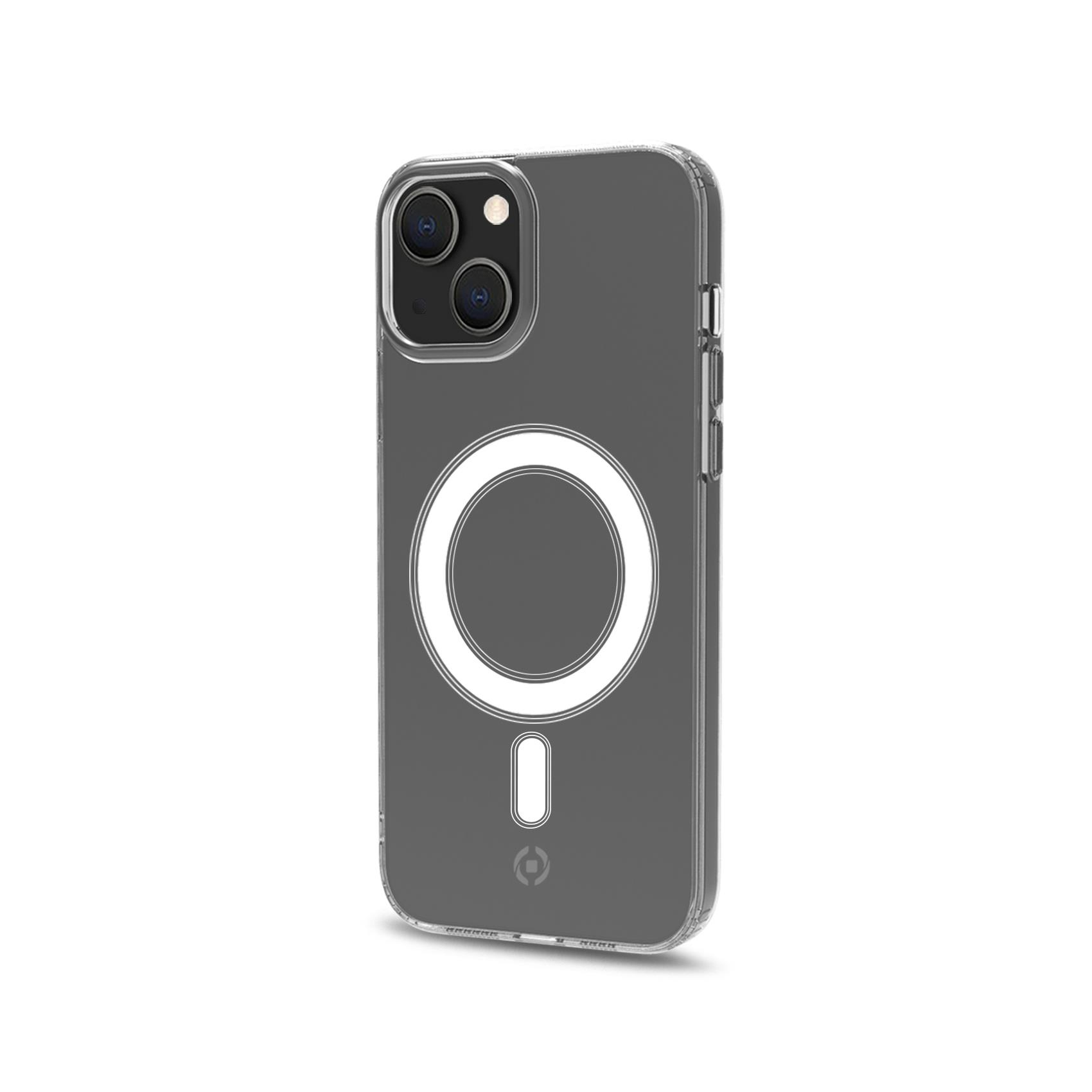 Custodia trasparente per telefono con anello magnetico su sfondo grigio. La custodia è su una superficie bianca.