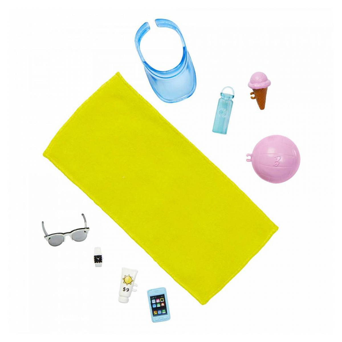 Akcesoria plażowe, w tym okulary przeciwsłoneczne, krem z filtrem, ręcznik i telefon.
