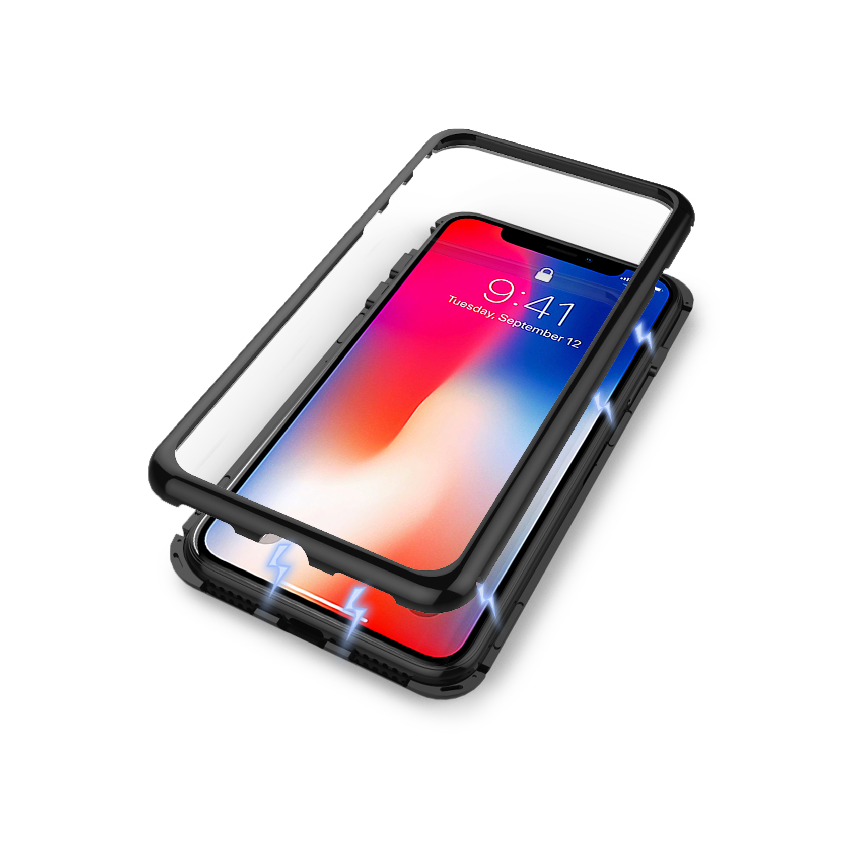 Un telefono smontato in una custodia protettiva, con schermo e custodia separati.