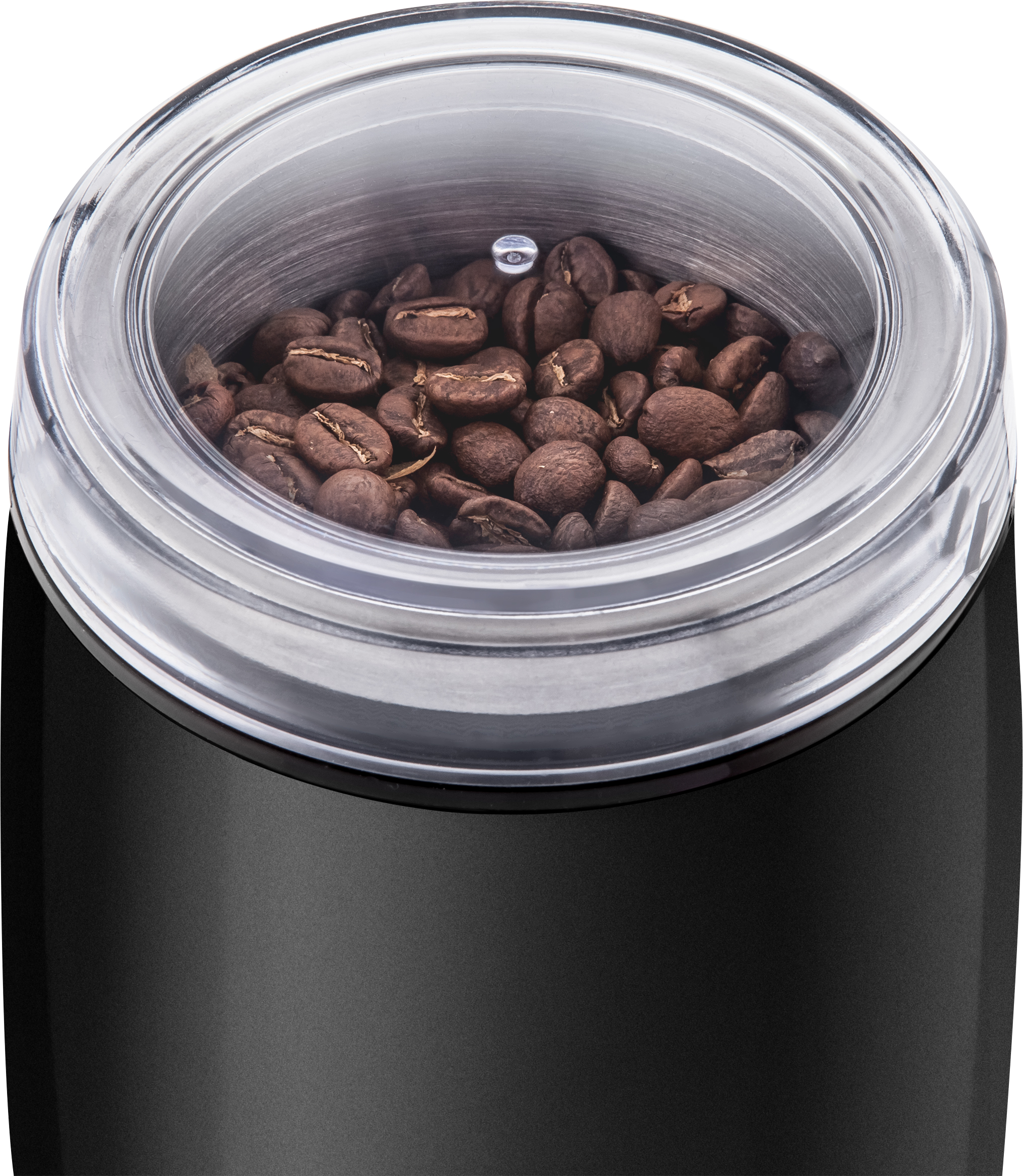 Zbliżenie młynka do kawy z ziarnami kawy w środku. Młynek jest czarny i przezroczysty.