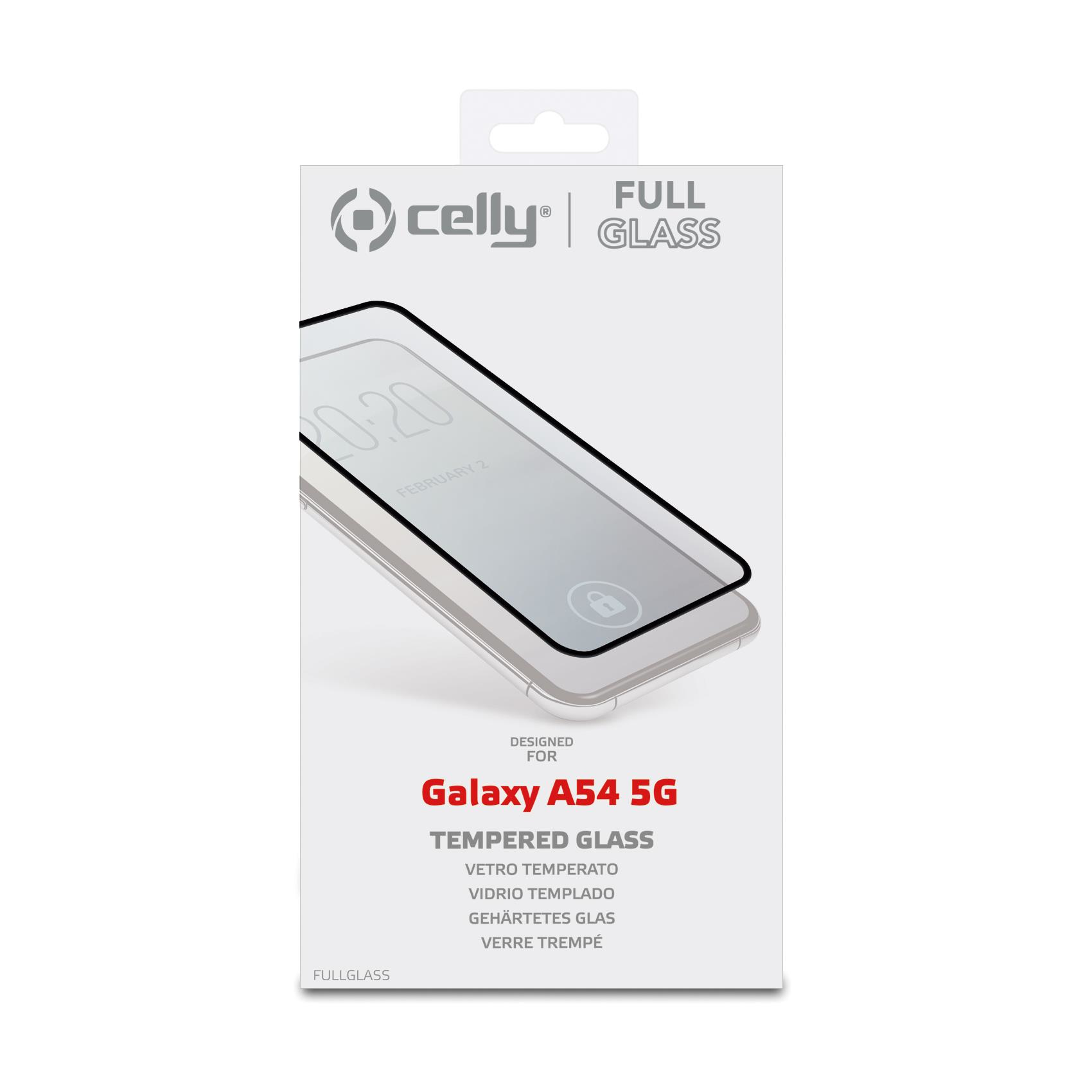 Confezione per una protezione schermo Galaxy A54 5G. Mostra un telefono con protezione.