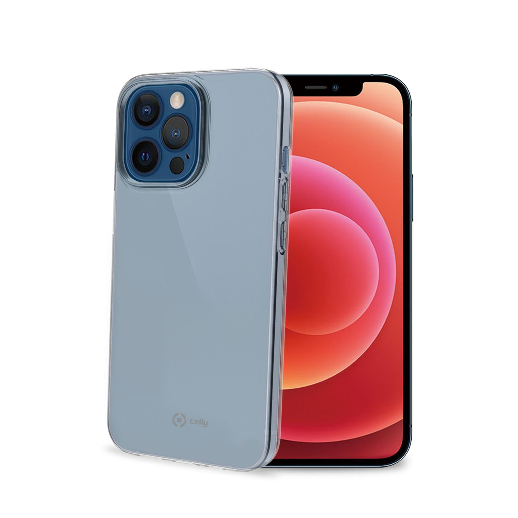 Un telefono in una custodia trasparente blu con interno rosa.