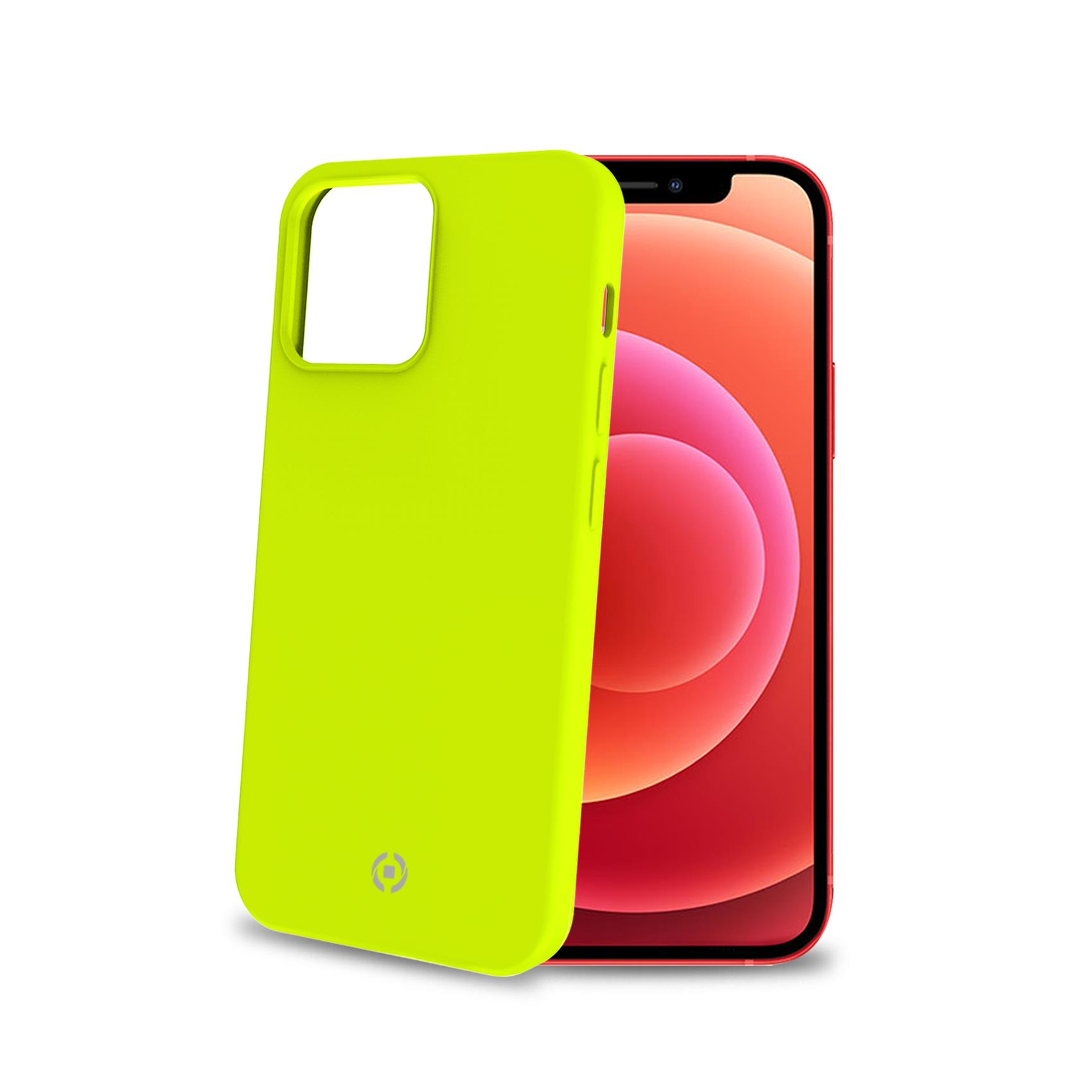 Una custodia per telefono di colore verde accanto a un telefono con schermo rosso.