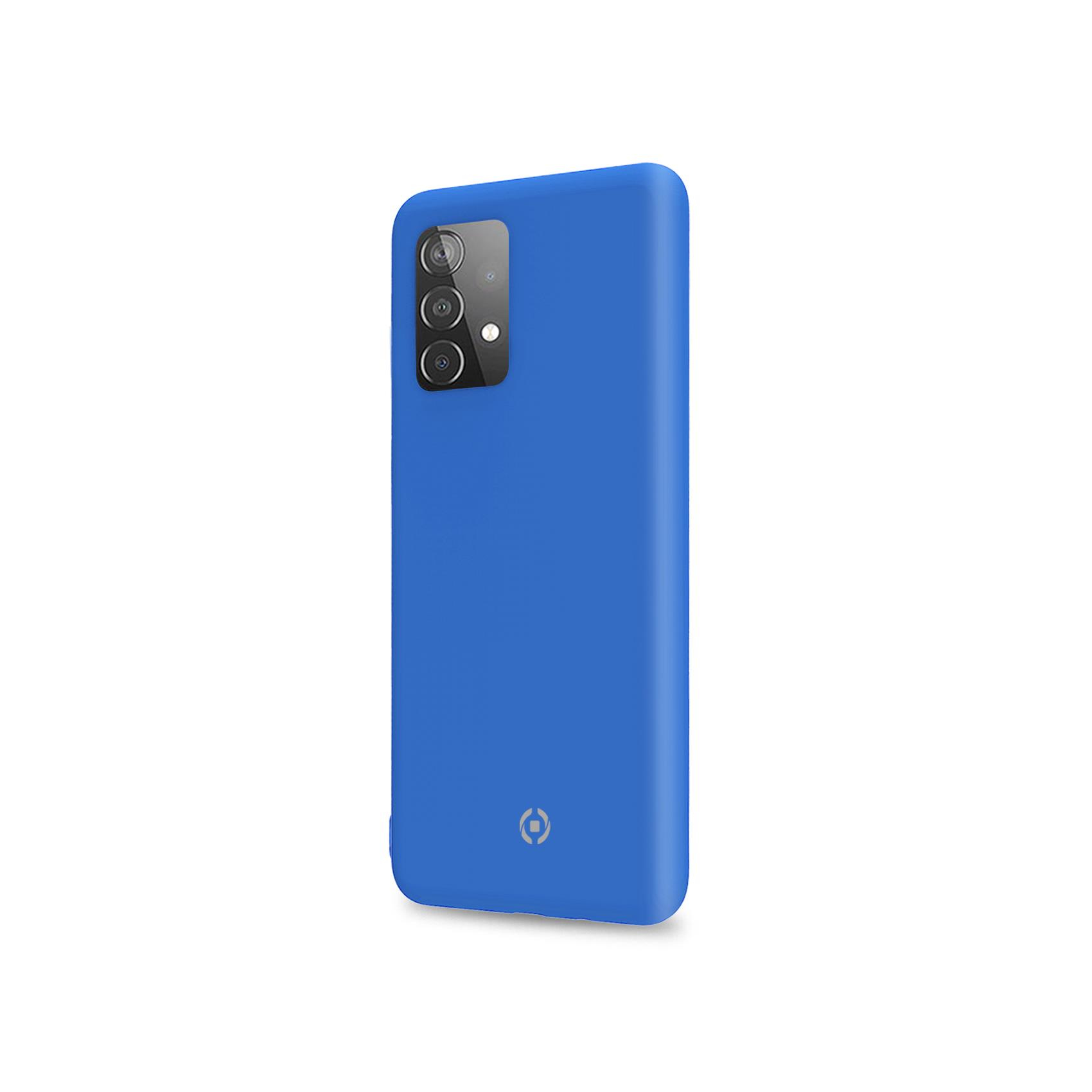 Una custodia blu per telefono su sfondo bianco. Ha un ritaglio per la fotocamera e un logo.