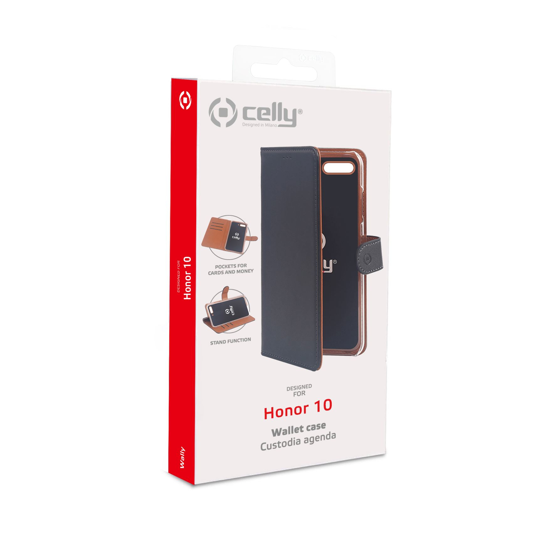 Una scatola per custodia del telefono con una custodia all'interno. Il testo sulla scatola indica che è per Honor 10.