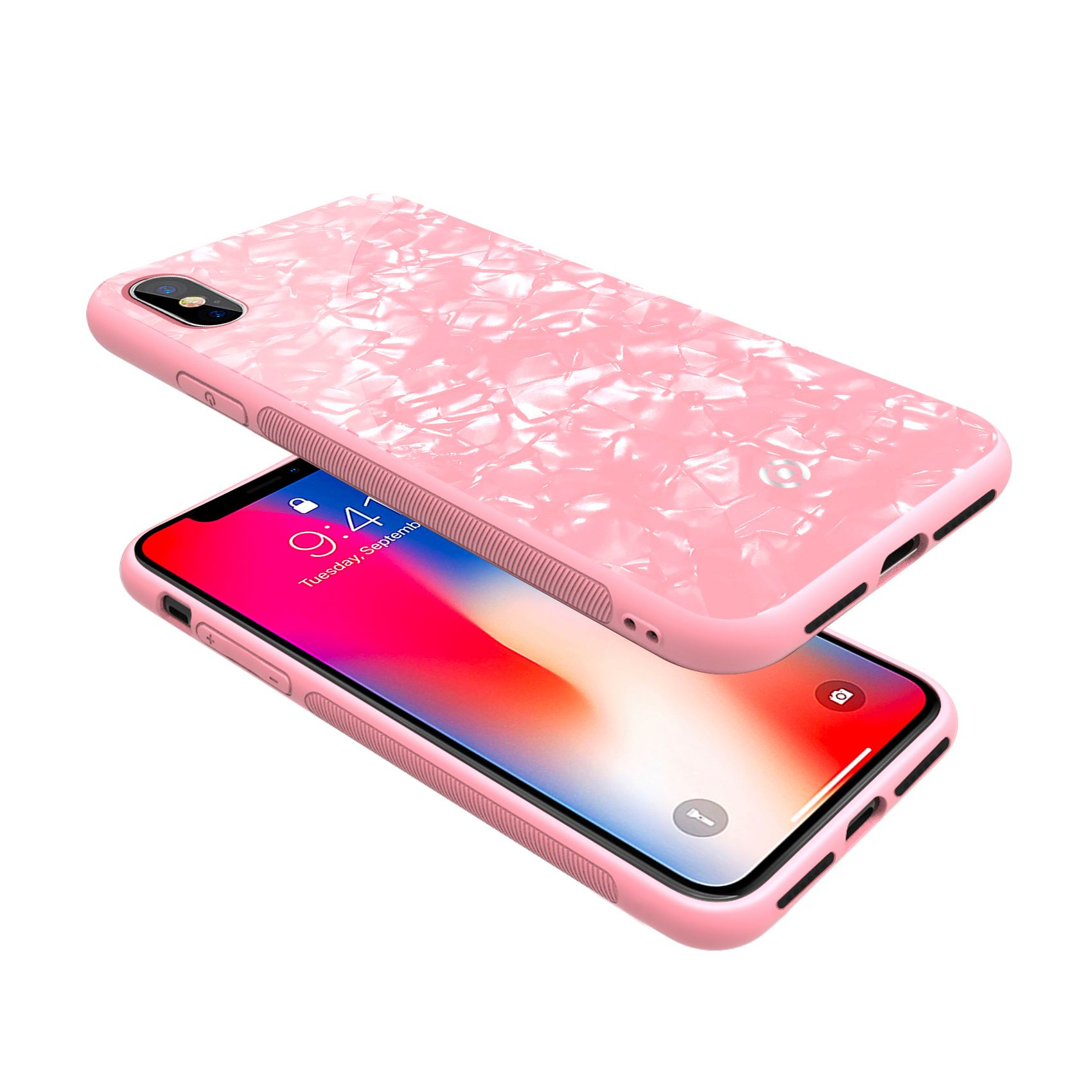 Due custodie rosa per telefono, una sopra un telefono. Il telefono mostra uno sfondo rosa e un orologio.