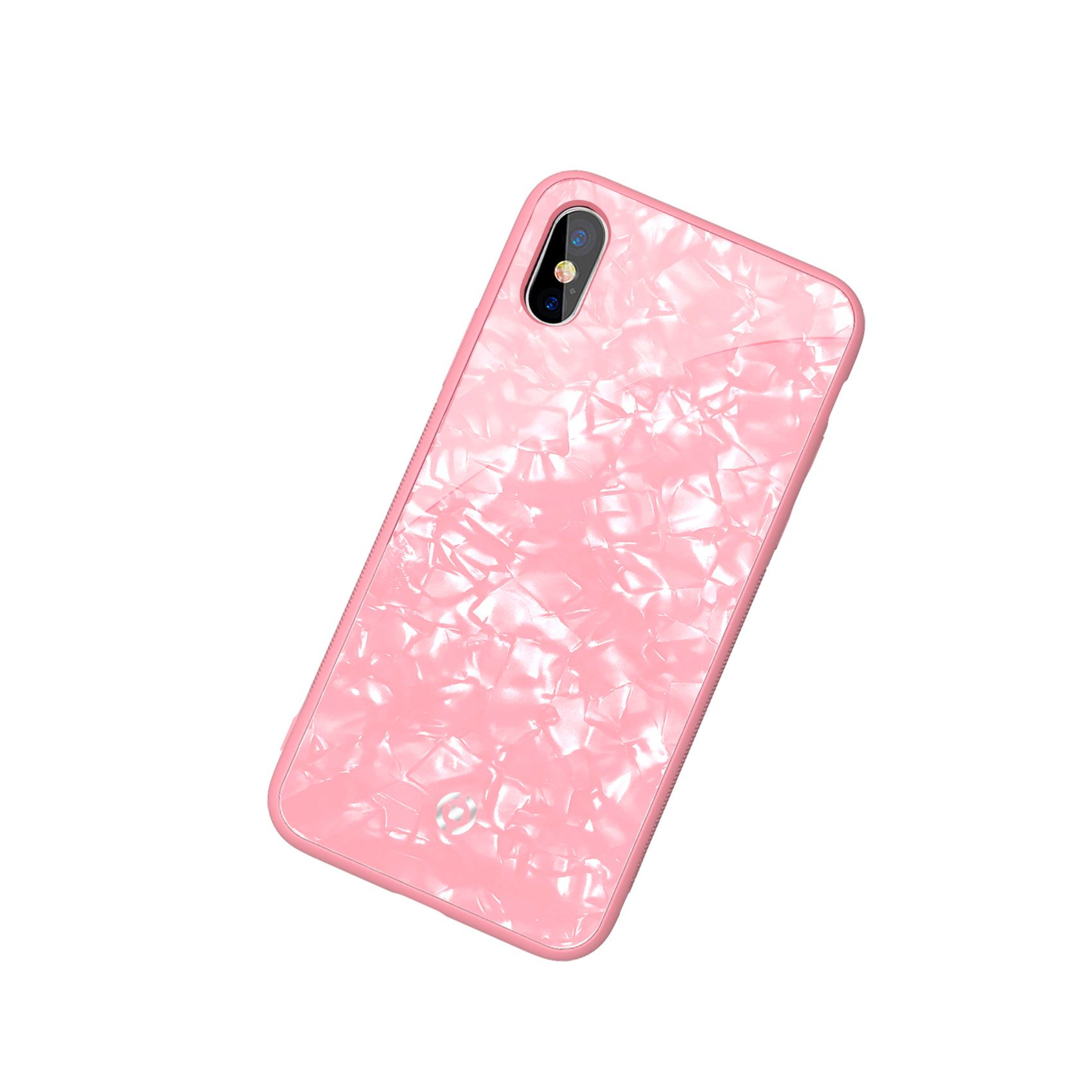 Custodia per telefono rosa con superficie strutturata su sfondo bianco.