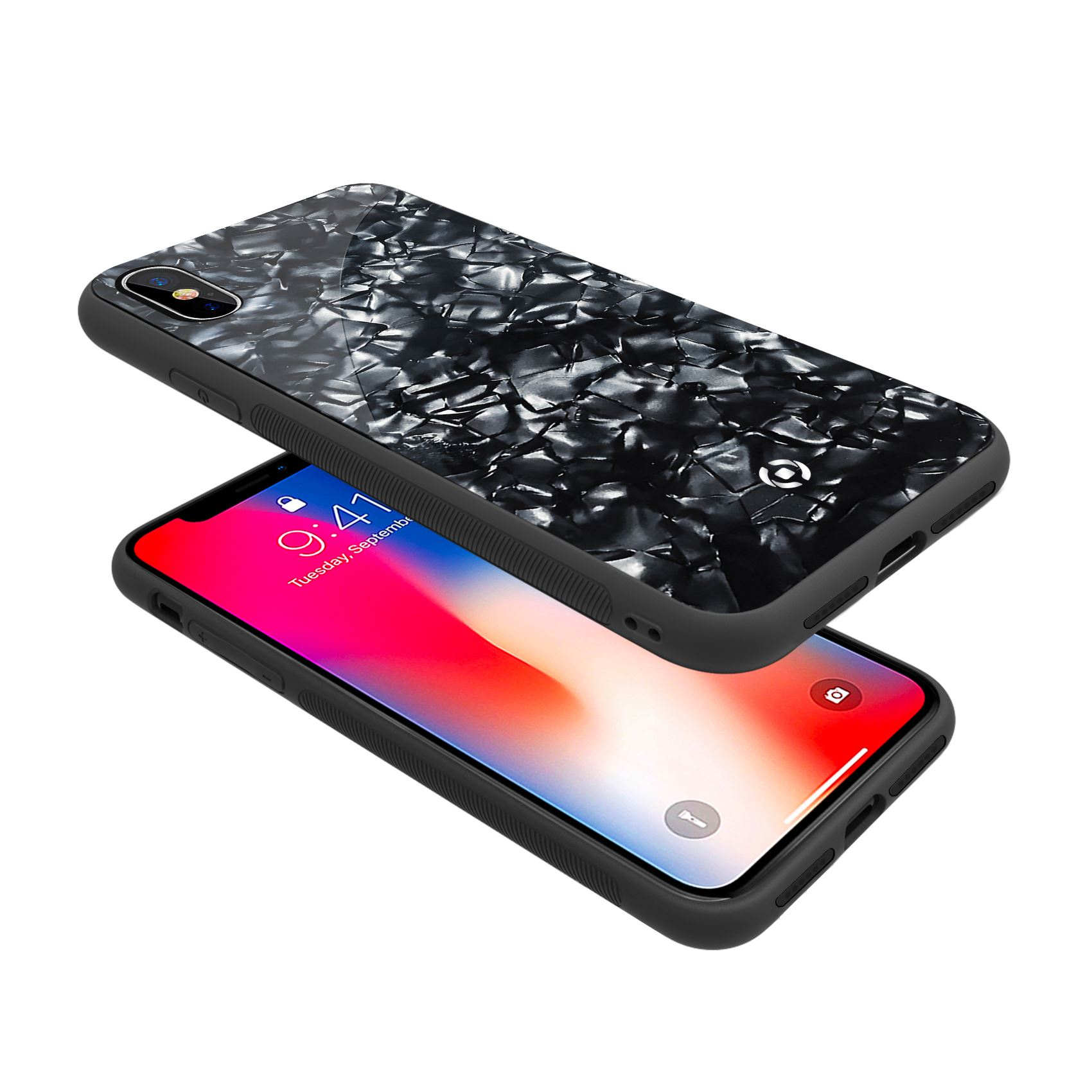 Una custodia nera per telefono sopra un telefono. Lo schermo del telefono mostra un'immagine colorata.