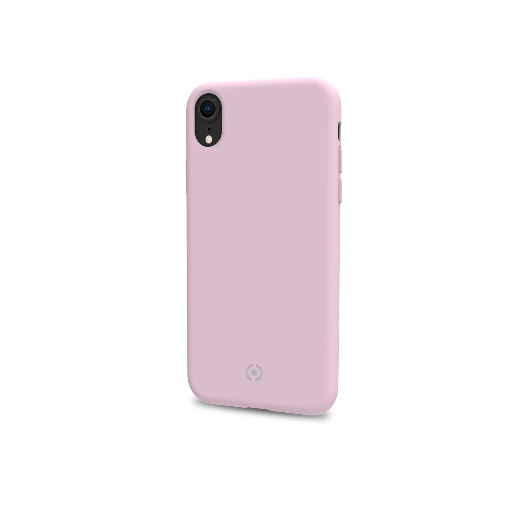 Custodia per telefono rosa con foro per la fotocamera, sfondo bianco.