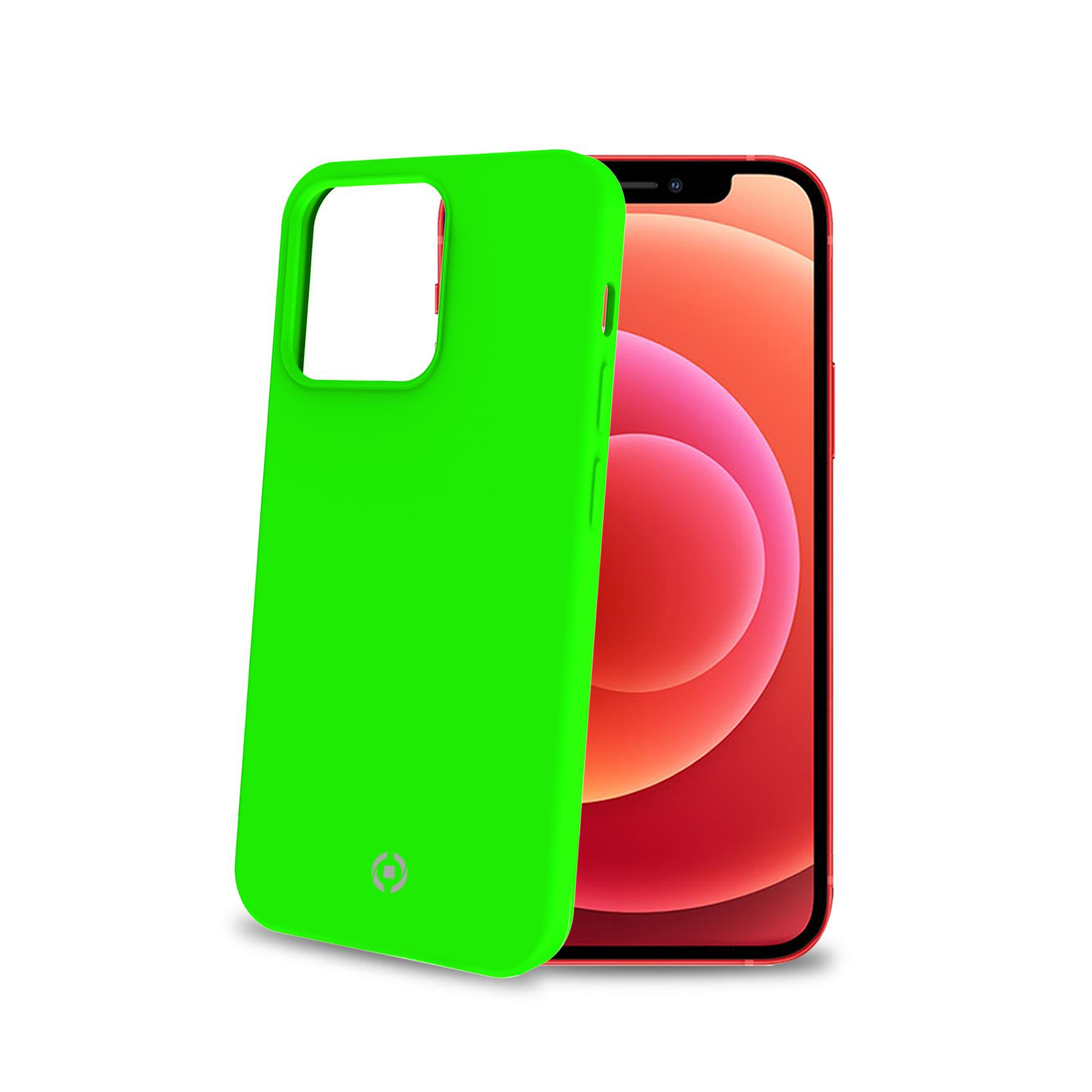Custodia verde su un telefono rosso, sfondo bianco.