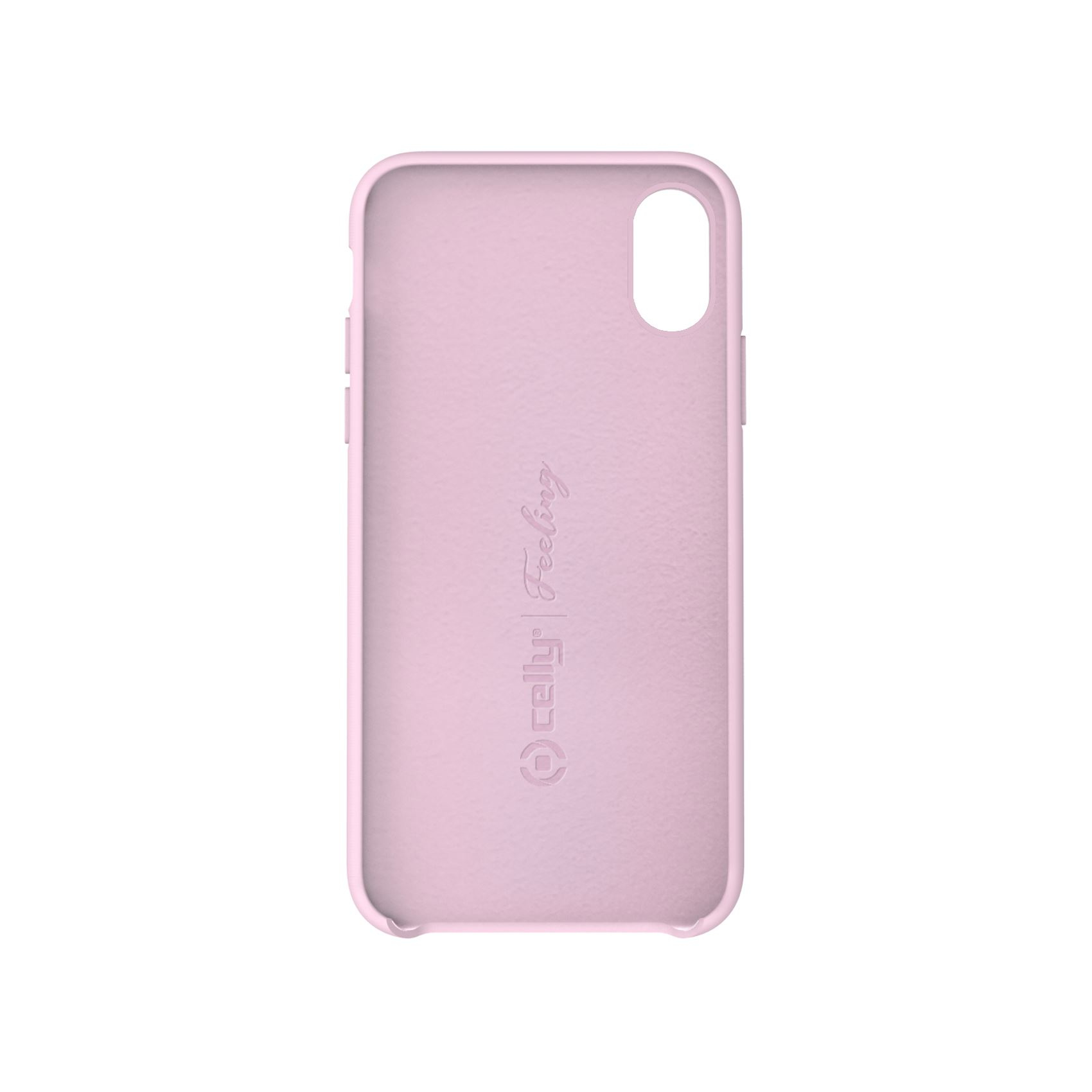 Custodia per telefono rosa con logo Celly, sfondo bianco.
