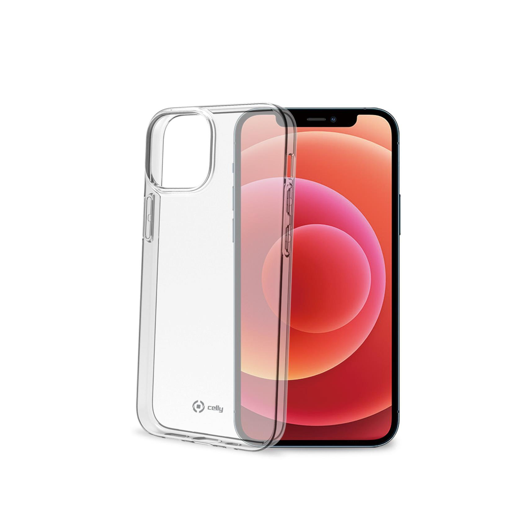 Custodia trasparente per telefono accanto a un iPhone con schermo rosso.