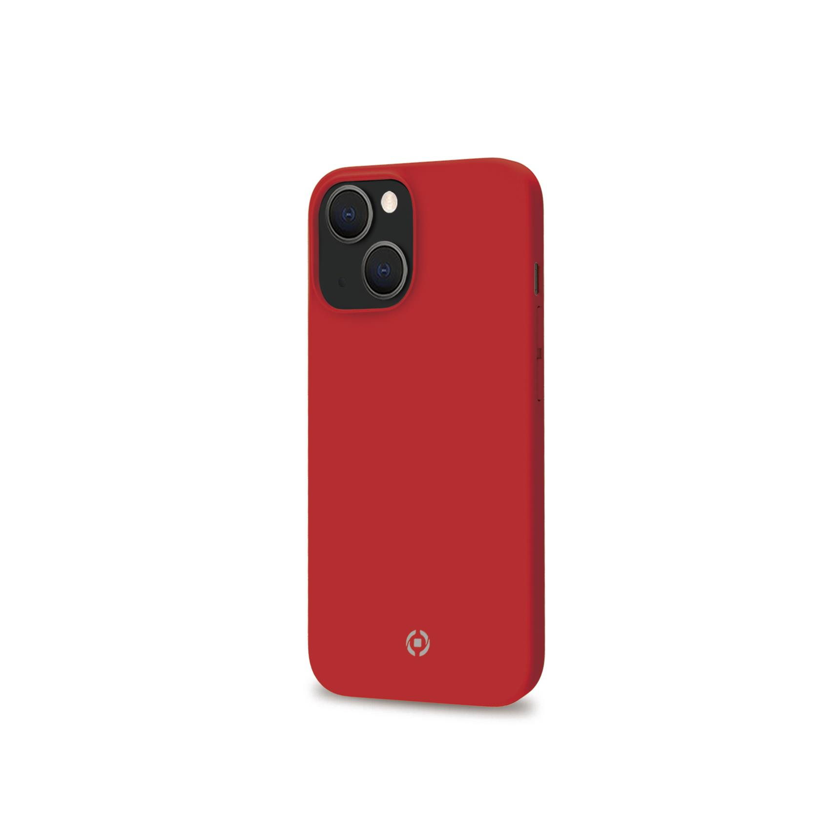 Custodia rossa con foro per la fotocamera, sfondo bianco.