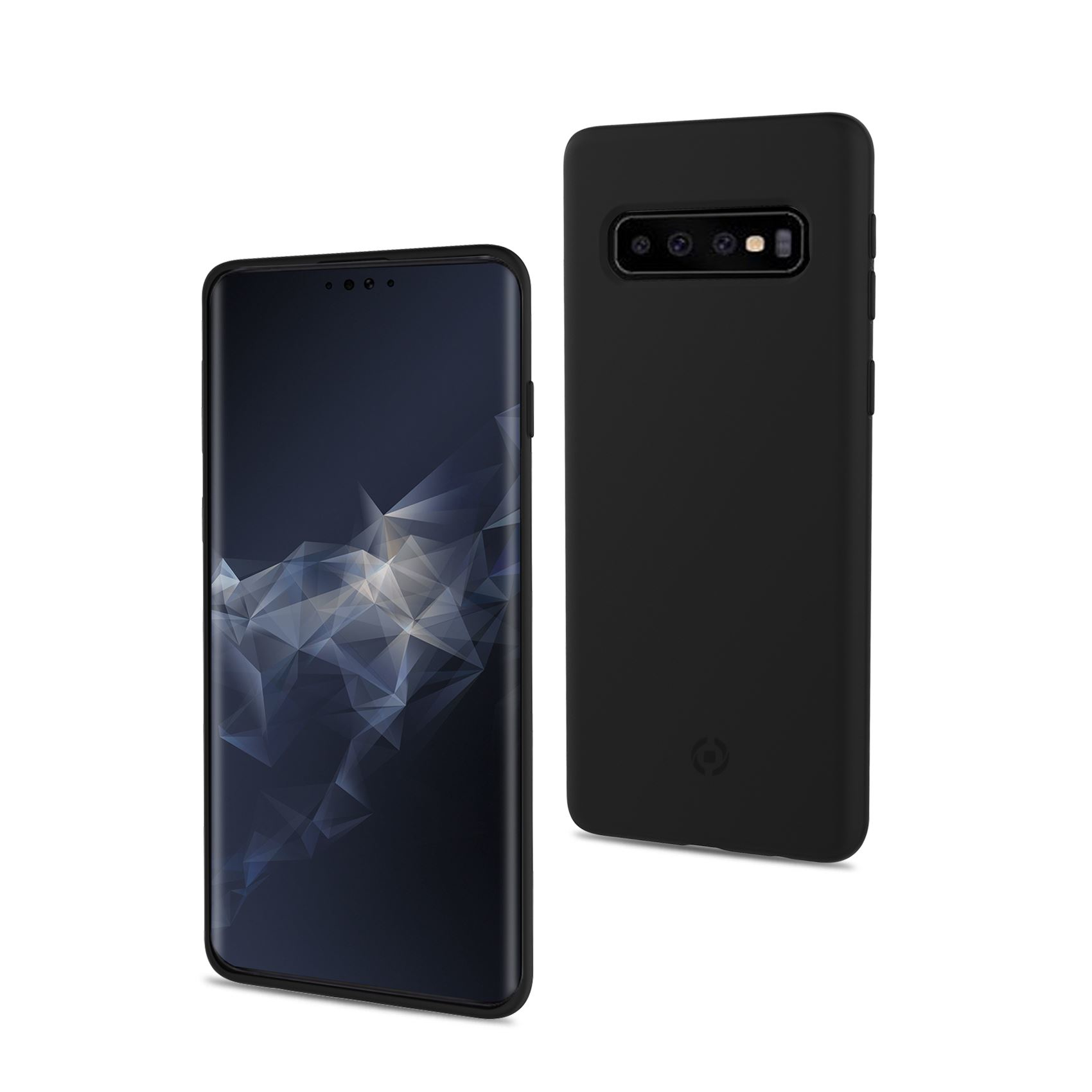 Telefono nero, display frontale con design, e retro del telefono.