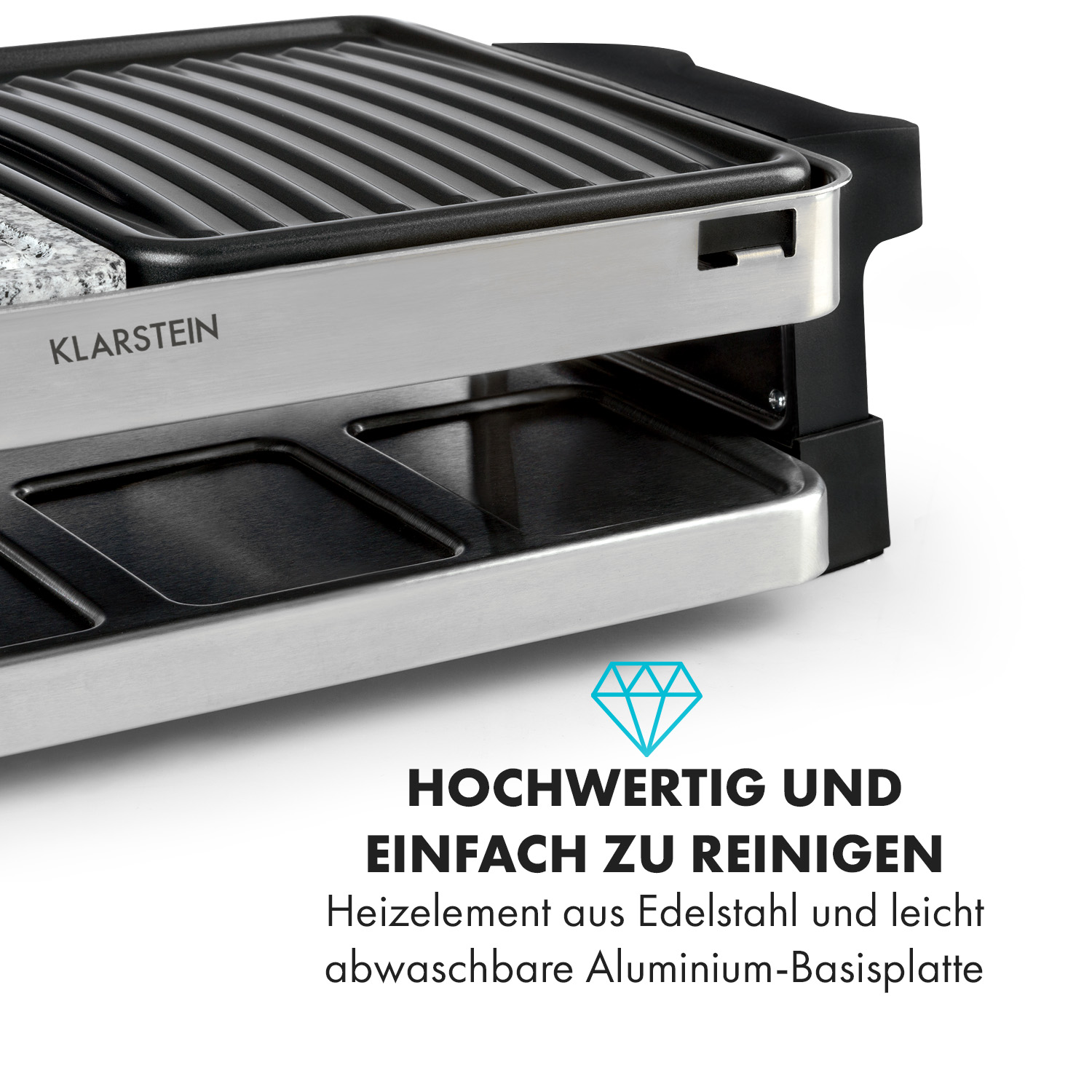 Primo piano di una griglia per raclette con un'icona a diamante e testo.