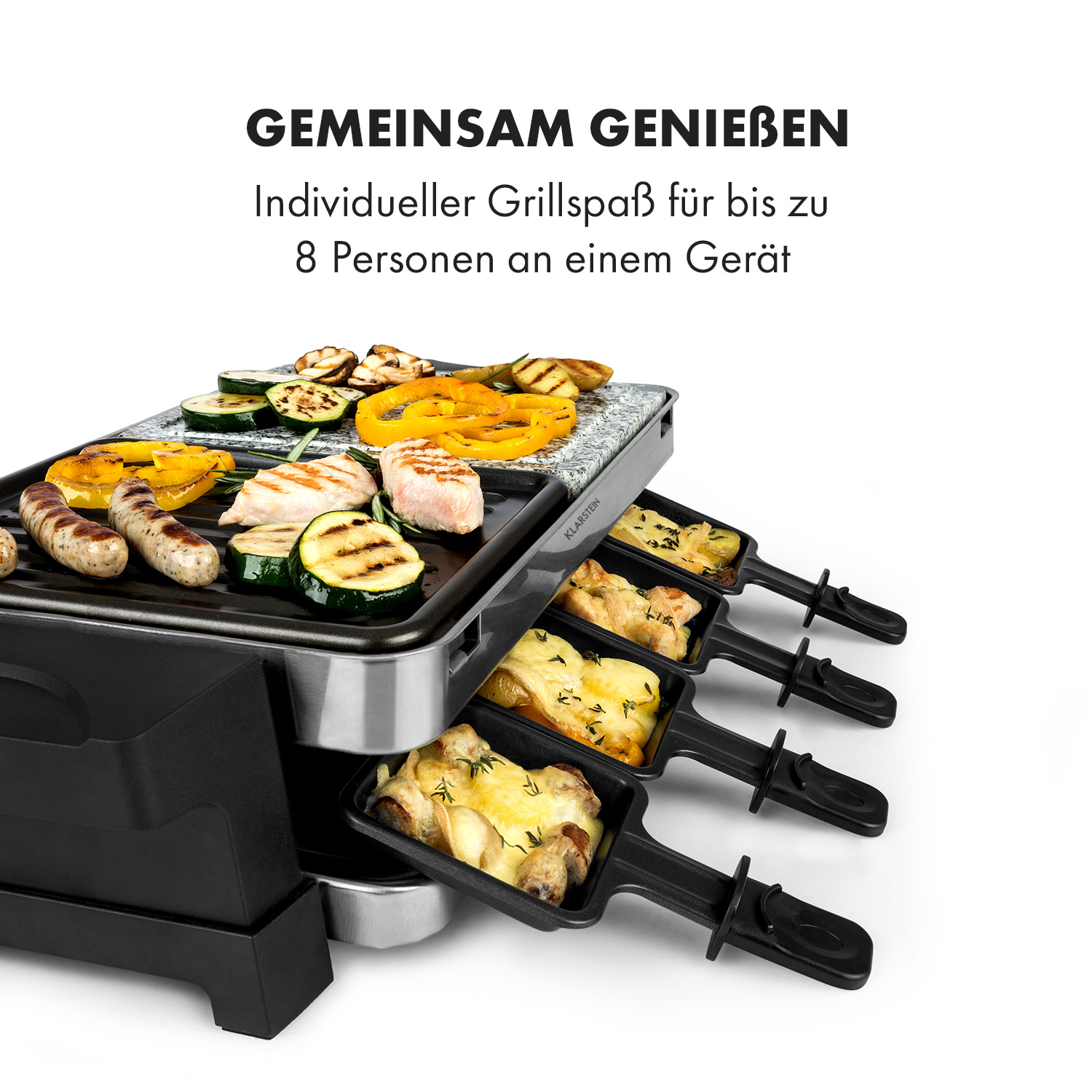 Griglia per raclette con cibo, incluso formaggio, pronto per servire.