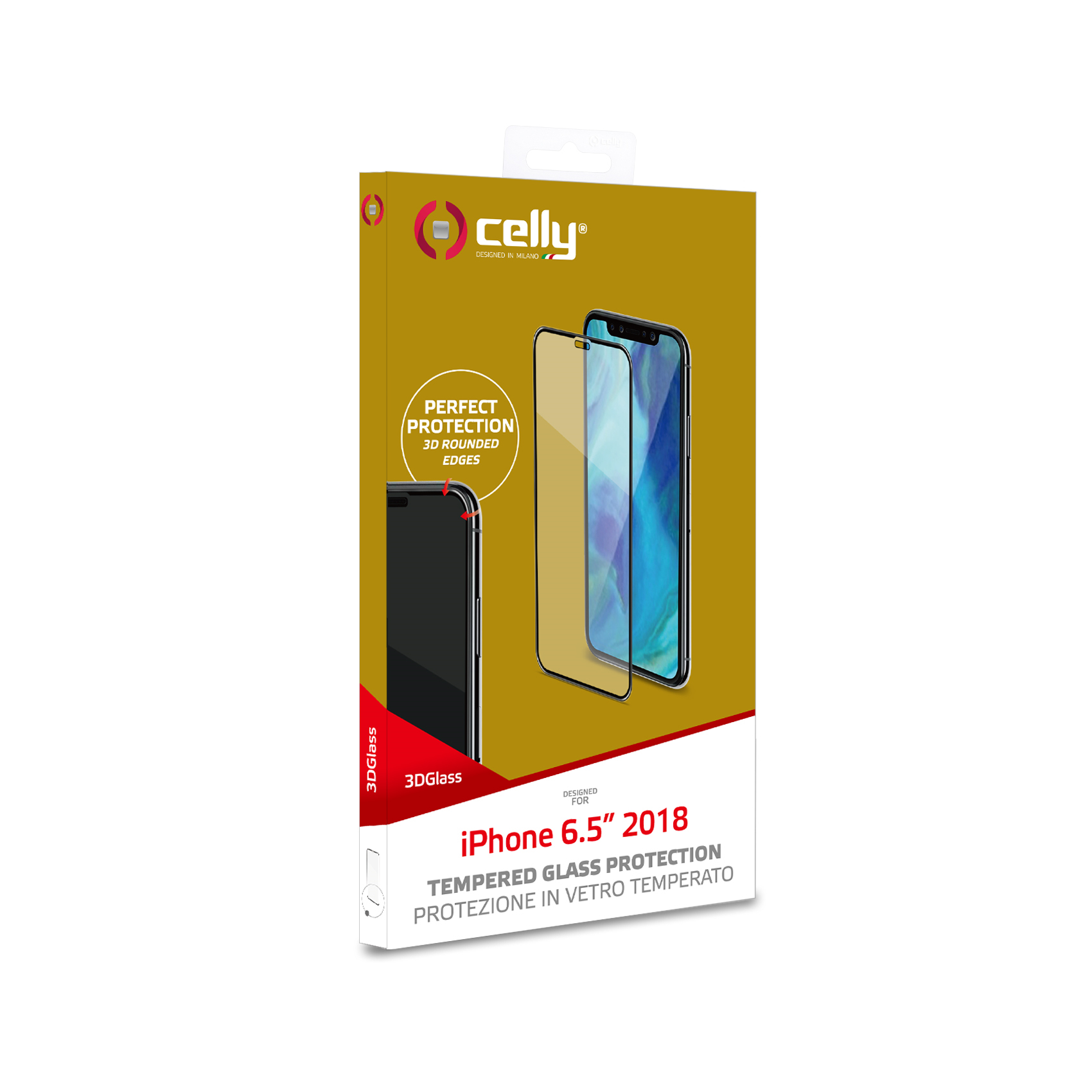 La scatola mostra un telefono e una protezione per lo schermo. Il testo dice: 'iPhone 6.5" 2018 tempered glass protection'.