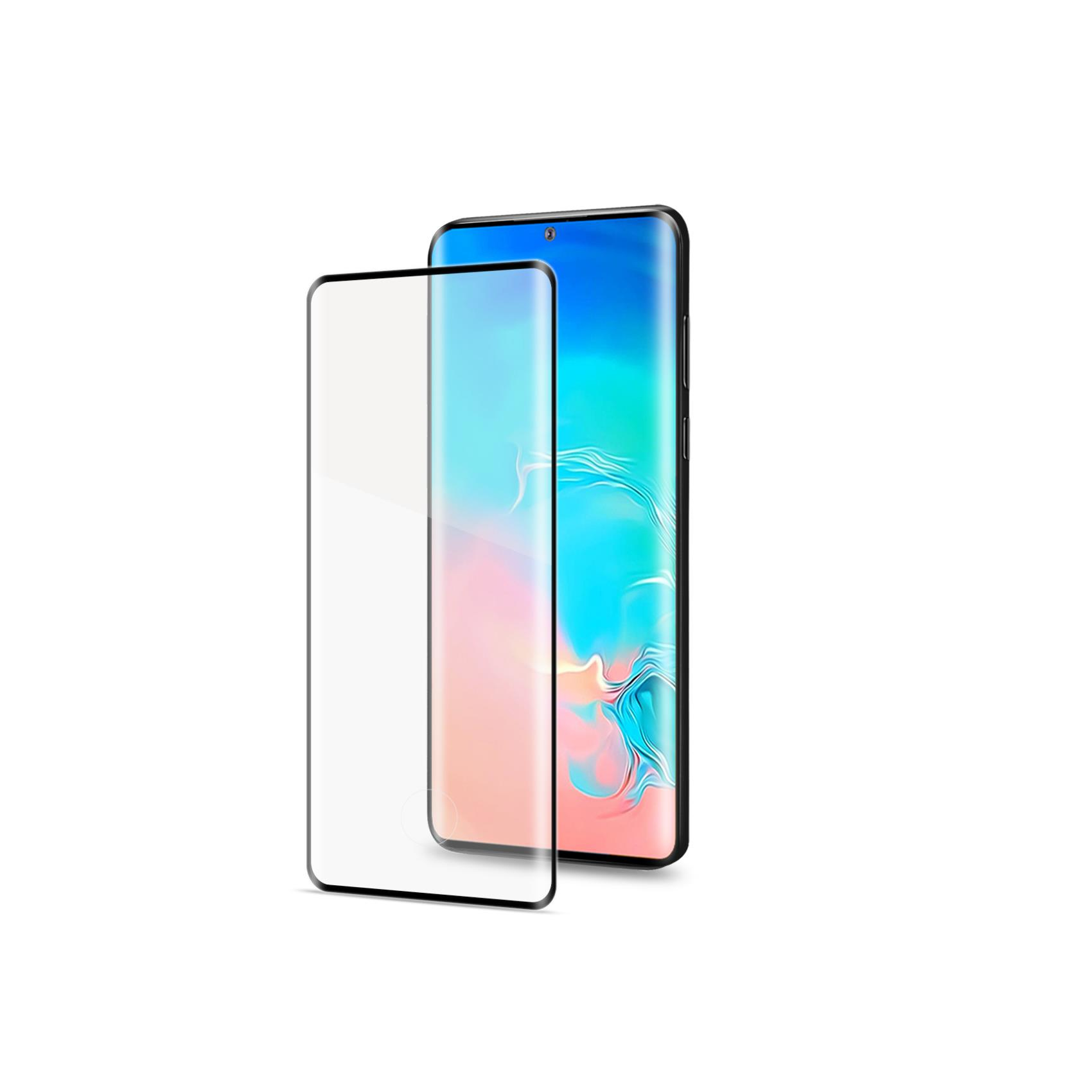 Un telefono con una protezione per lo schermo. Il telefono è nero e la protezione è trasparente.