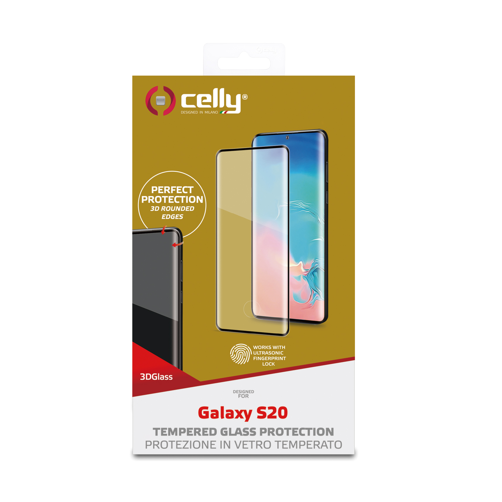 La scatola mostra un telefono e una protezione per lo schermo. Il testo dice: 'Galaxy S20 tempered glass protection'.