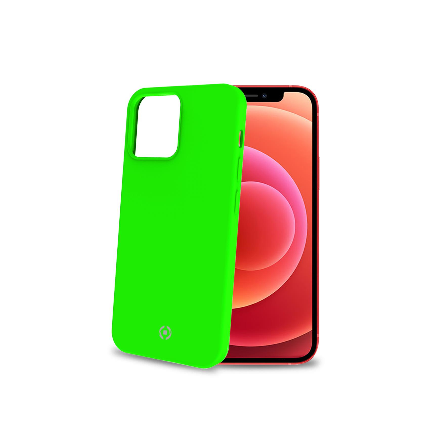 Custodia verde per telefono su un iPhone rosso, angolata, su sfondo bianco. La custodia ha un logo.