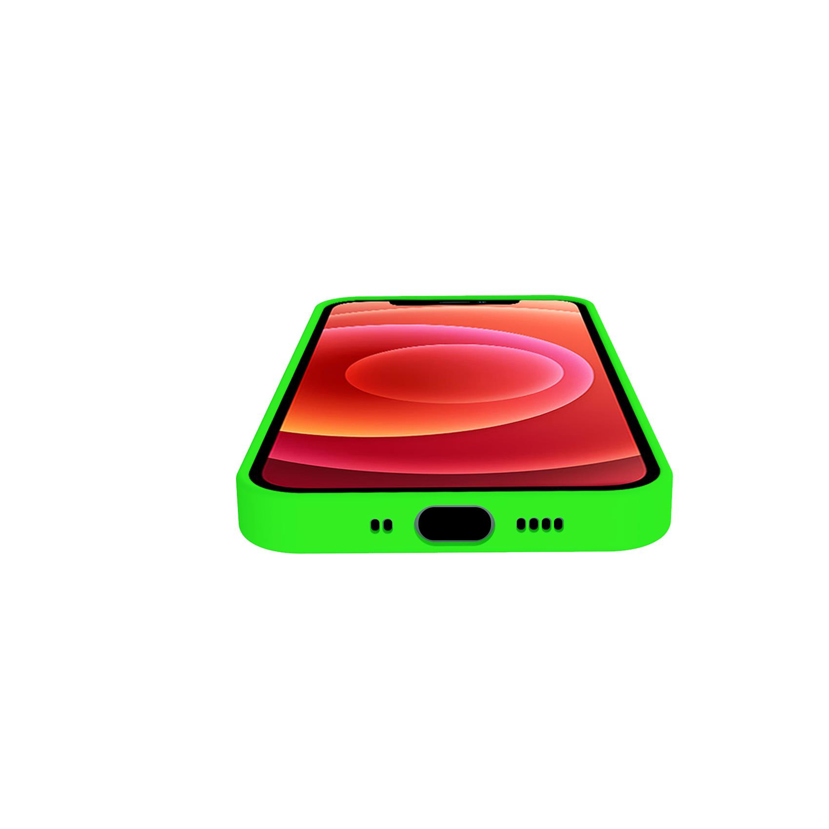 Una custodia verde su un telefono rosso. La custodia è verde, lo schermo del telefono è rosso.