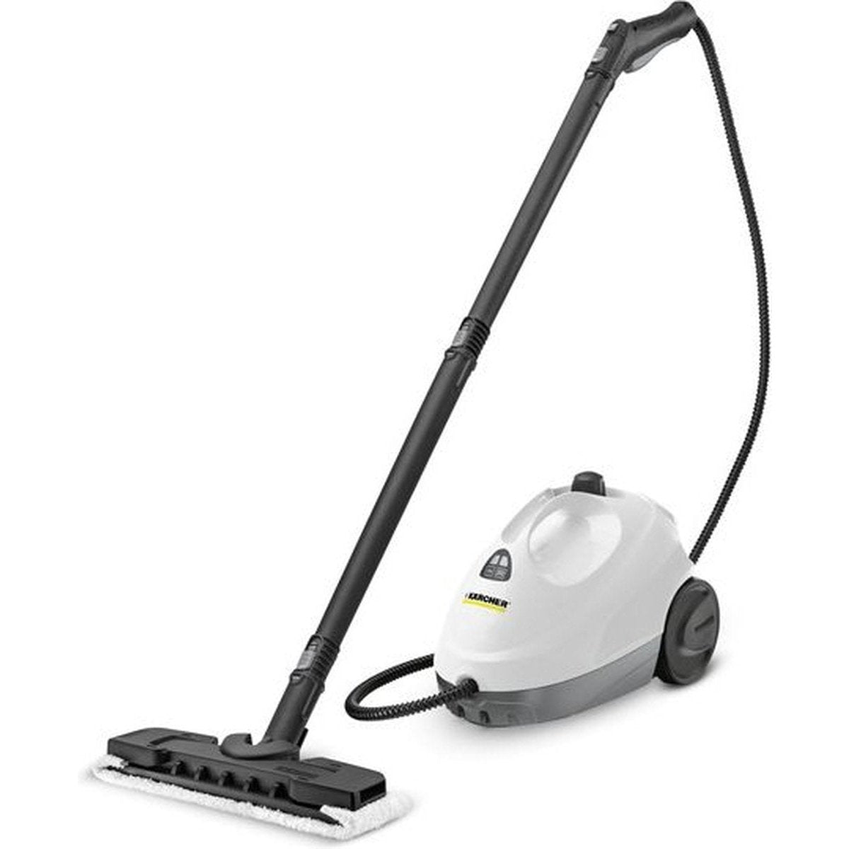 Odkurzacz parowy z długim uchwytem i głowicą do czyszczenia podłóg. Odkurzacz jest biało-szary.