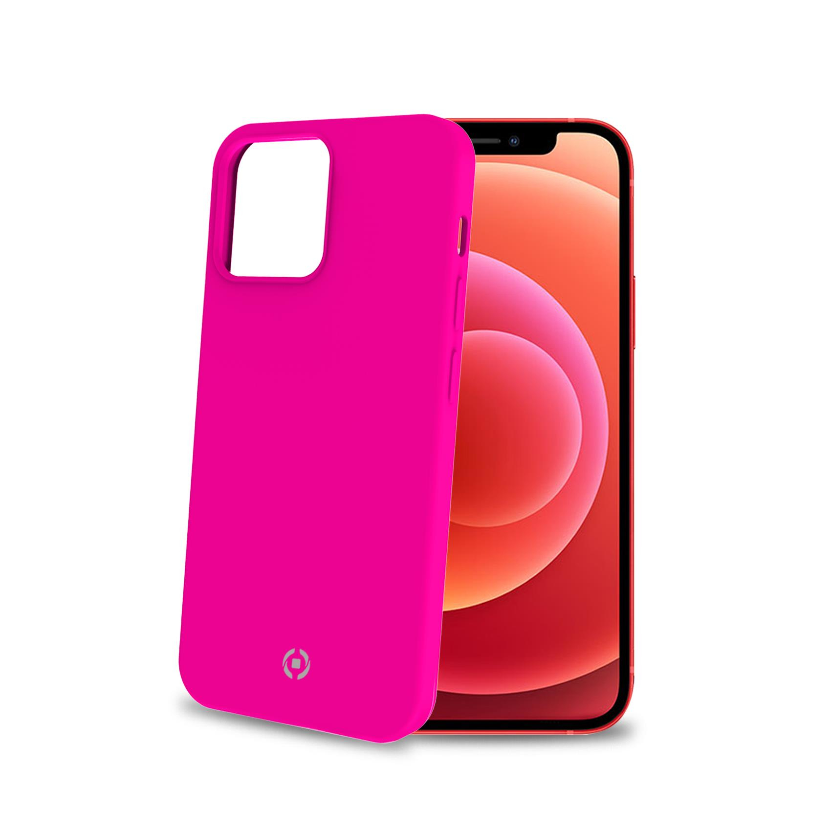 Custodia rosa per telefono su un iPhone rosso, angolata, sfondo bianco, con logo.