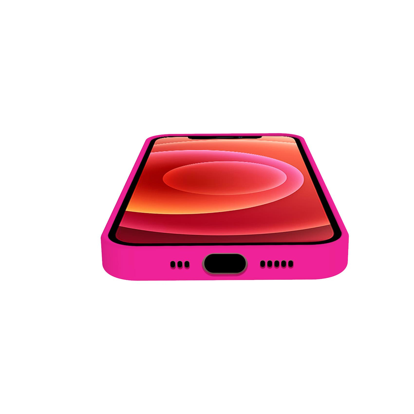Telefono rosa con schermo rosso e cornice nera, visto dal basso.