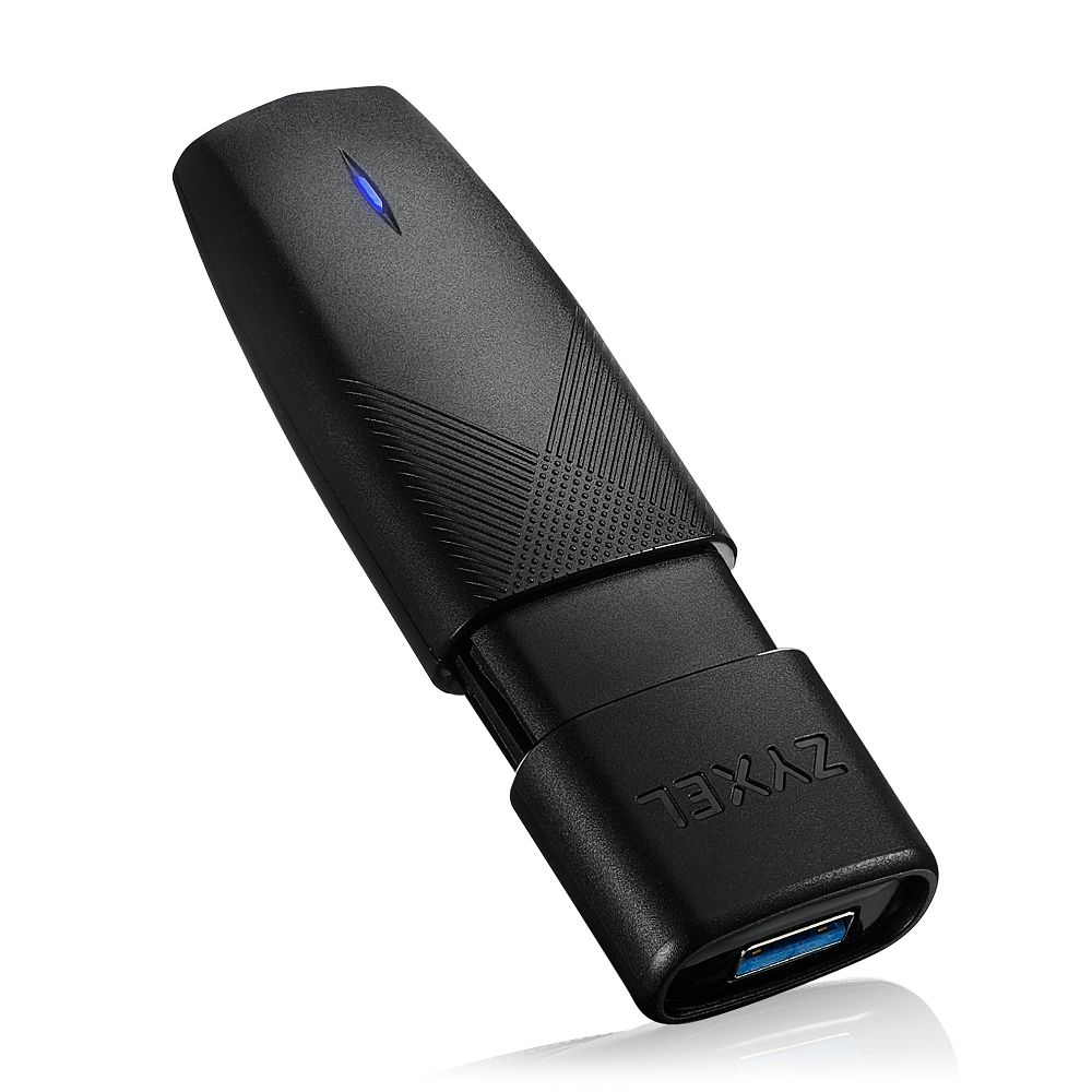 Un'unità USB Zyxel nera. È estesa dalla sua custodia con una luce blu in alto.