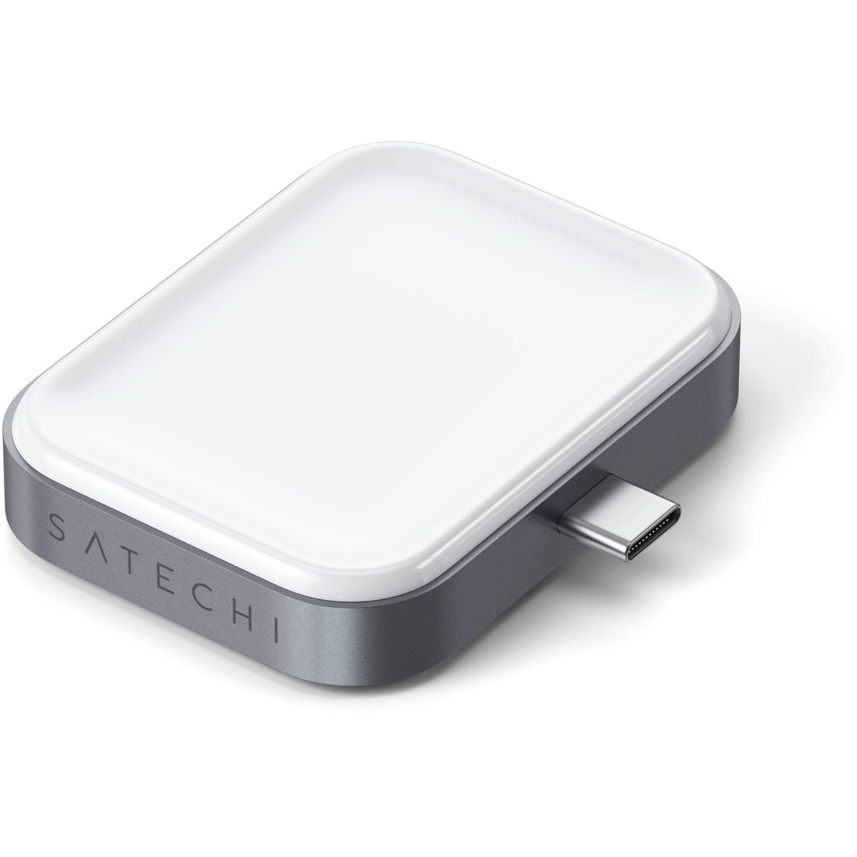 Dispositivo Satechi bianco e grigio con porta USB-C, su sfondo bianco.
