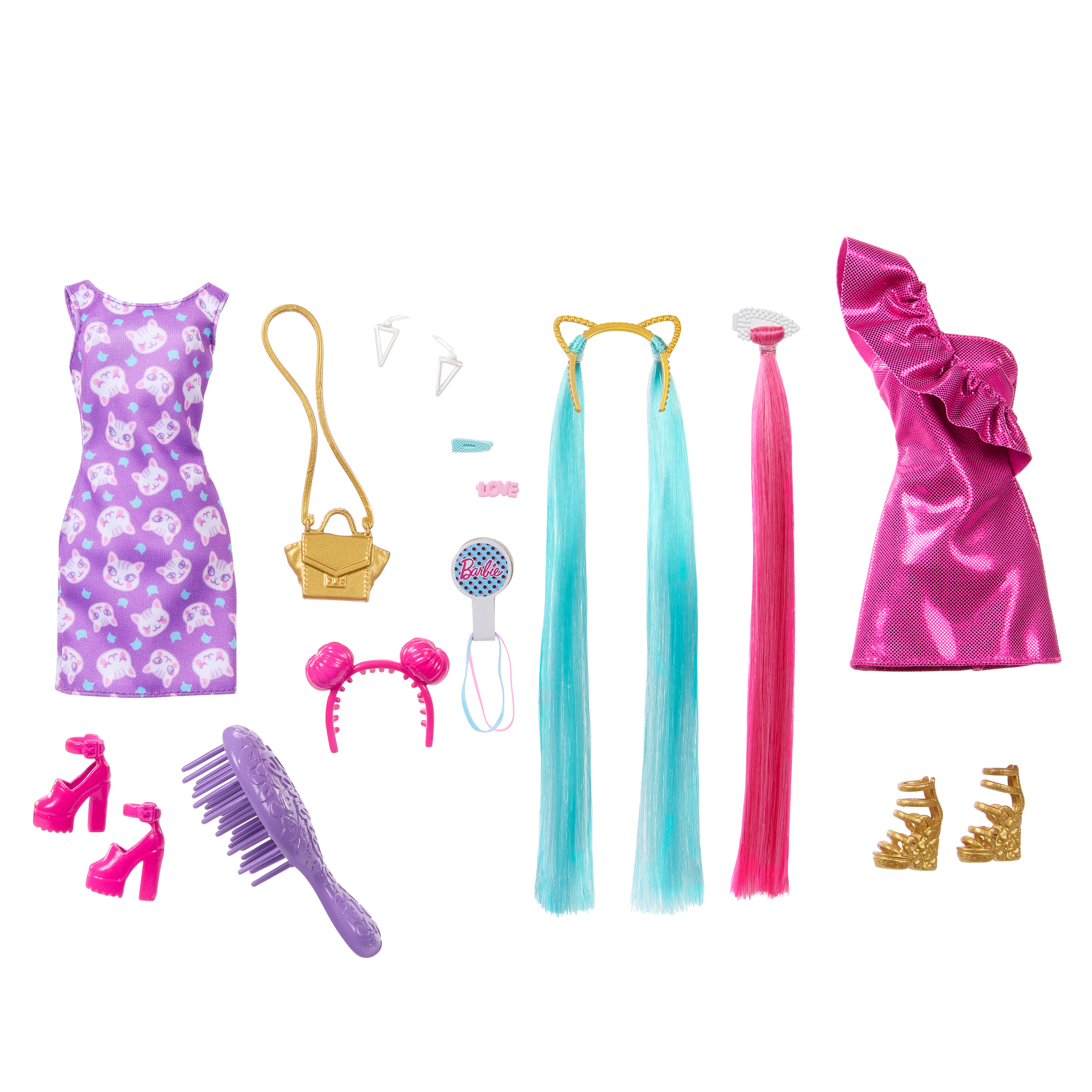 Colección de accesorios de muñeca Barbie: vestidos, zapatos, bolso, cepillo, aretes, etc.