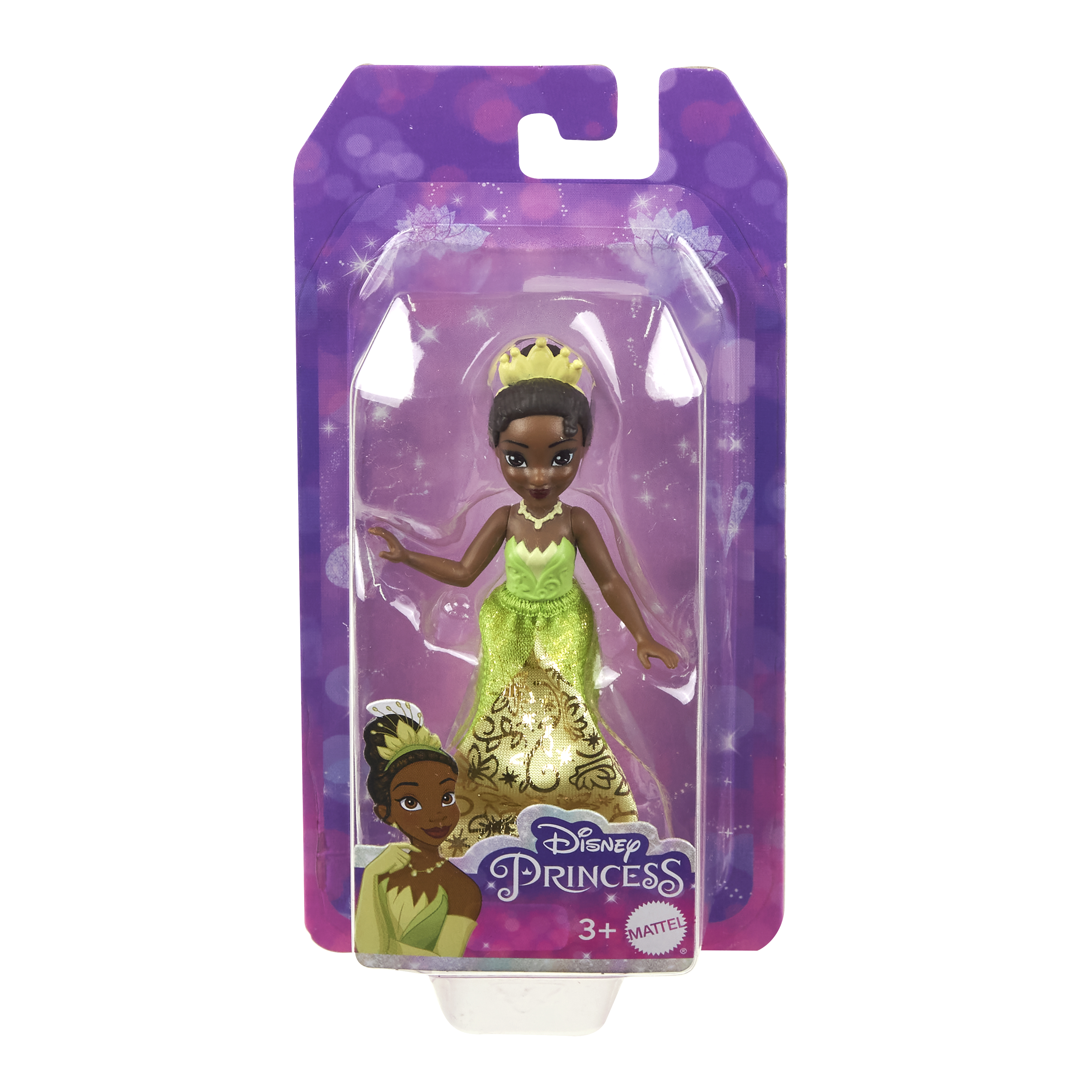 Lalka Disney Princess Tiana w opakowaniu, w zielonej sukience.