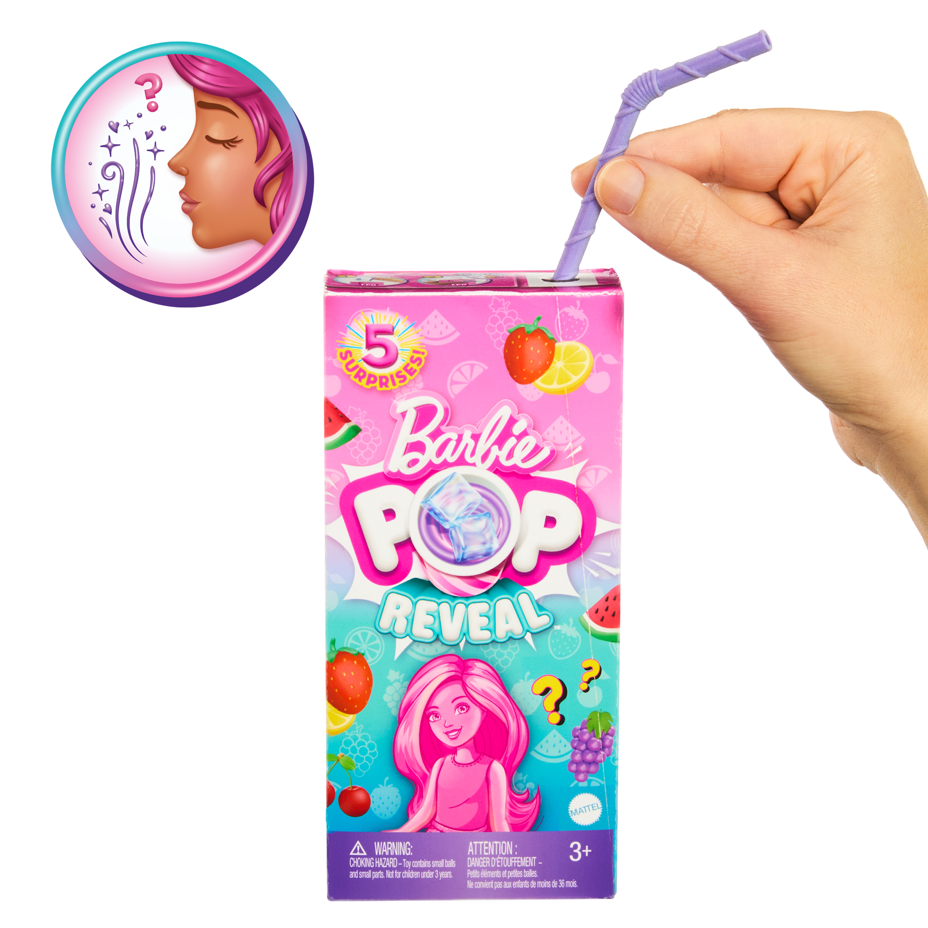 Barbie Pop Reveal Box mit Barbie-Gesicht, Hand hält einen Strohhalm, weißer Hintergrund.