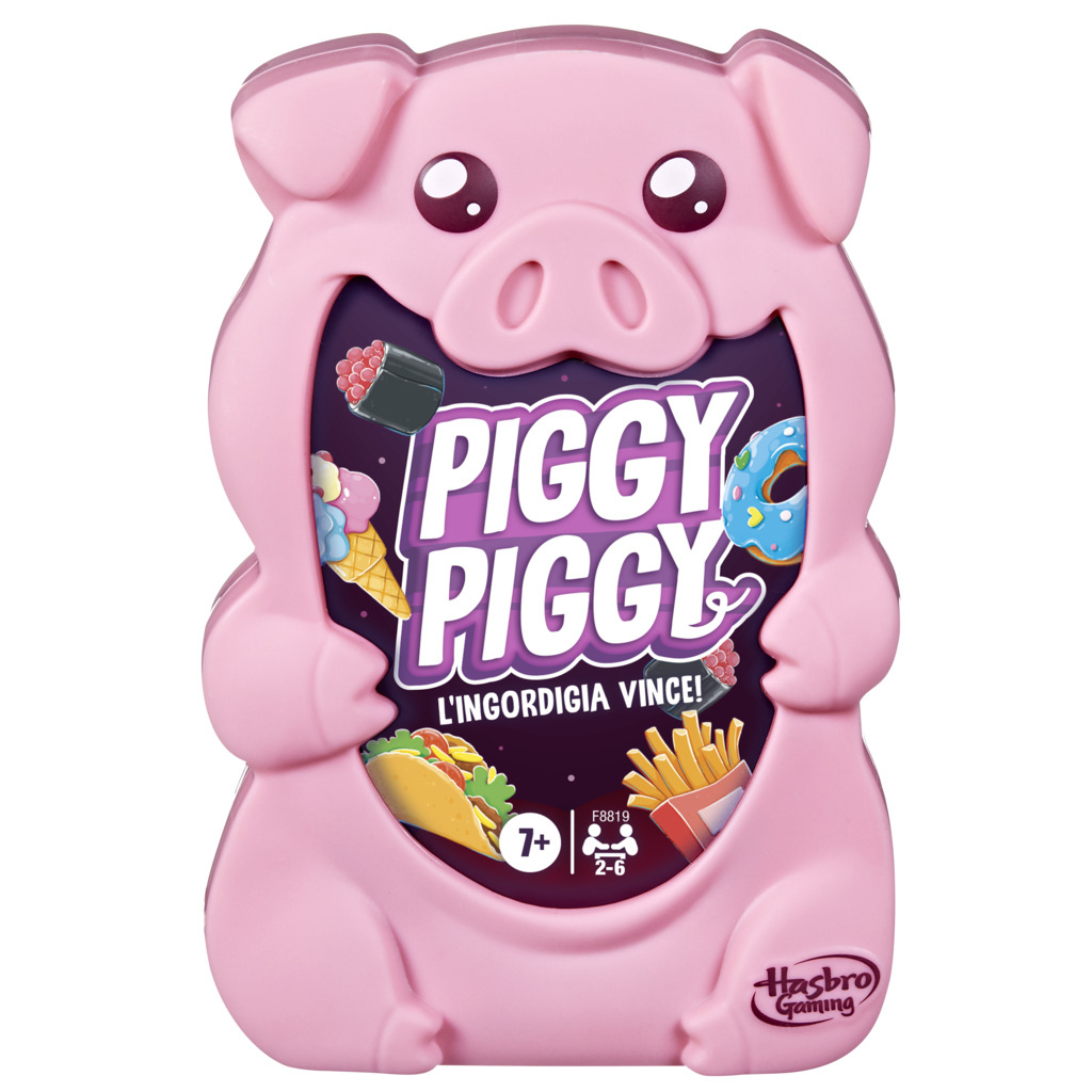 Rosa schweineförmige Spielbox mit dem Text 'Piggy Piggy' und Essensgrafiken.