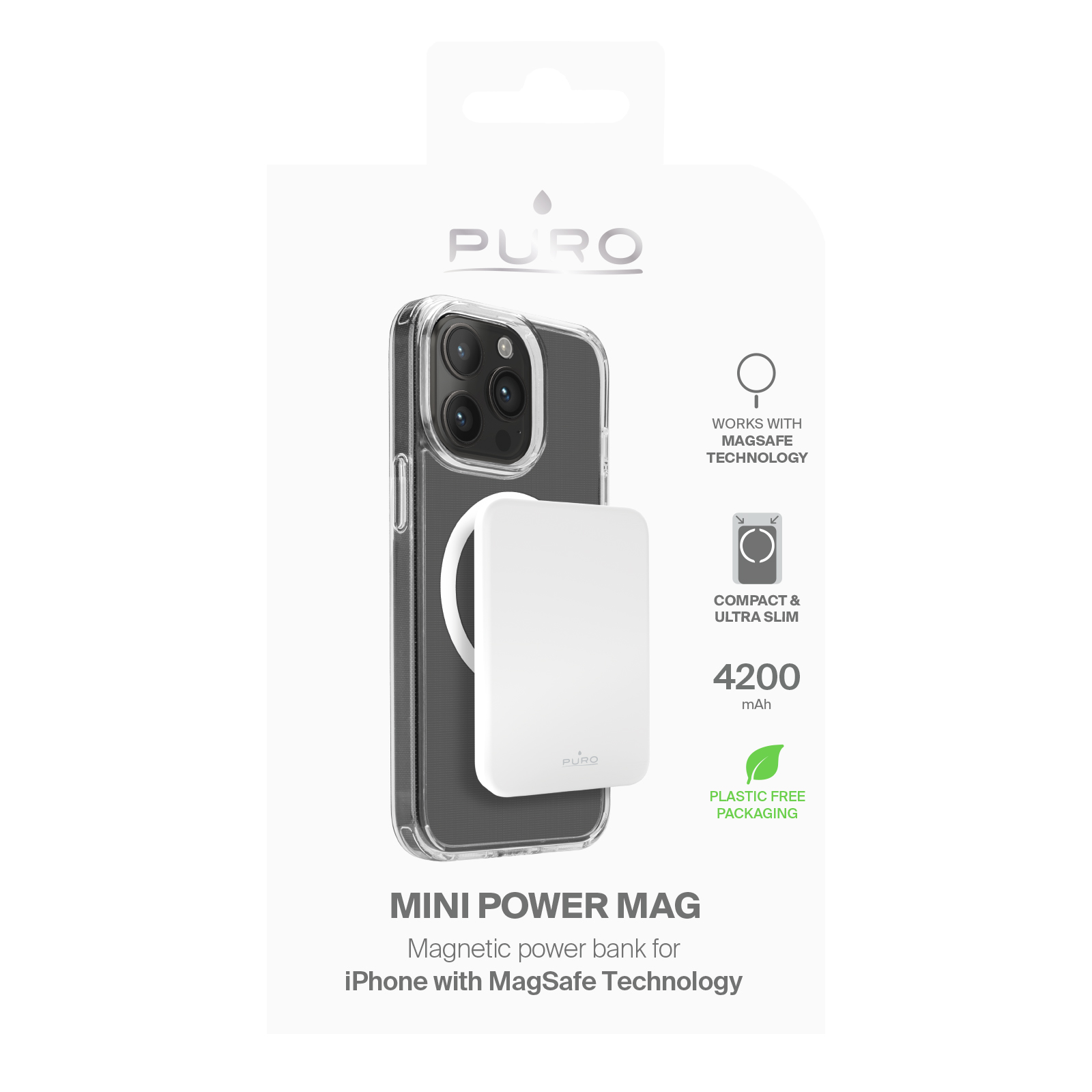 Weiße Powerbank mit Handyhülle, MagSafe-Technologie und plastikfreier Verpackung.