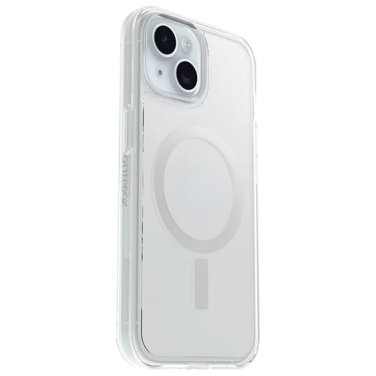 Transparante telefoonhoes op een witte achtergrond, met zichtbare MagSafe-ring en cameralens.
