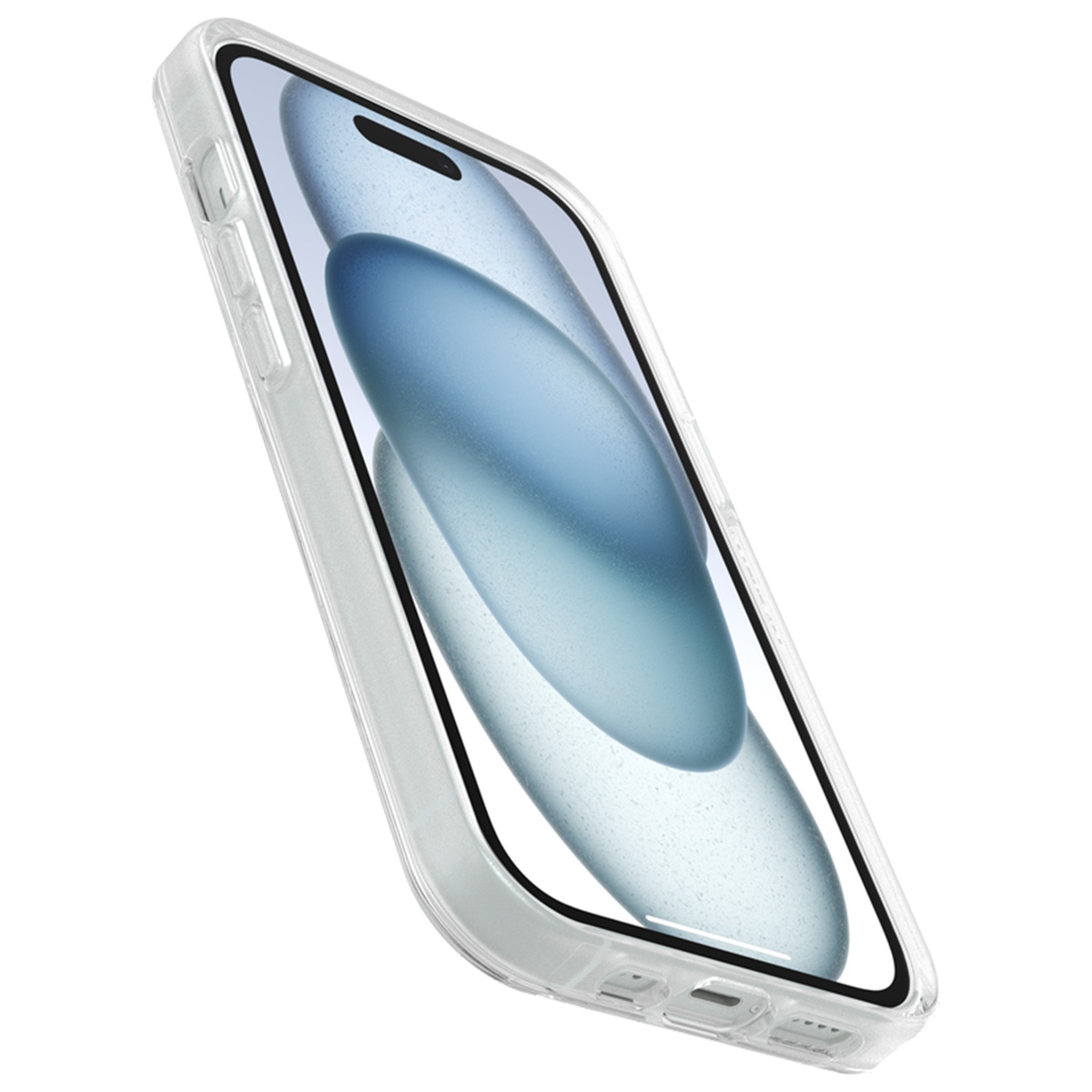Transparante telefoonhoes in een schuine hoek, met telefoondetails, witte achtergrond.