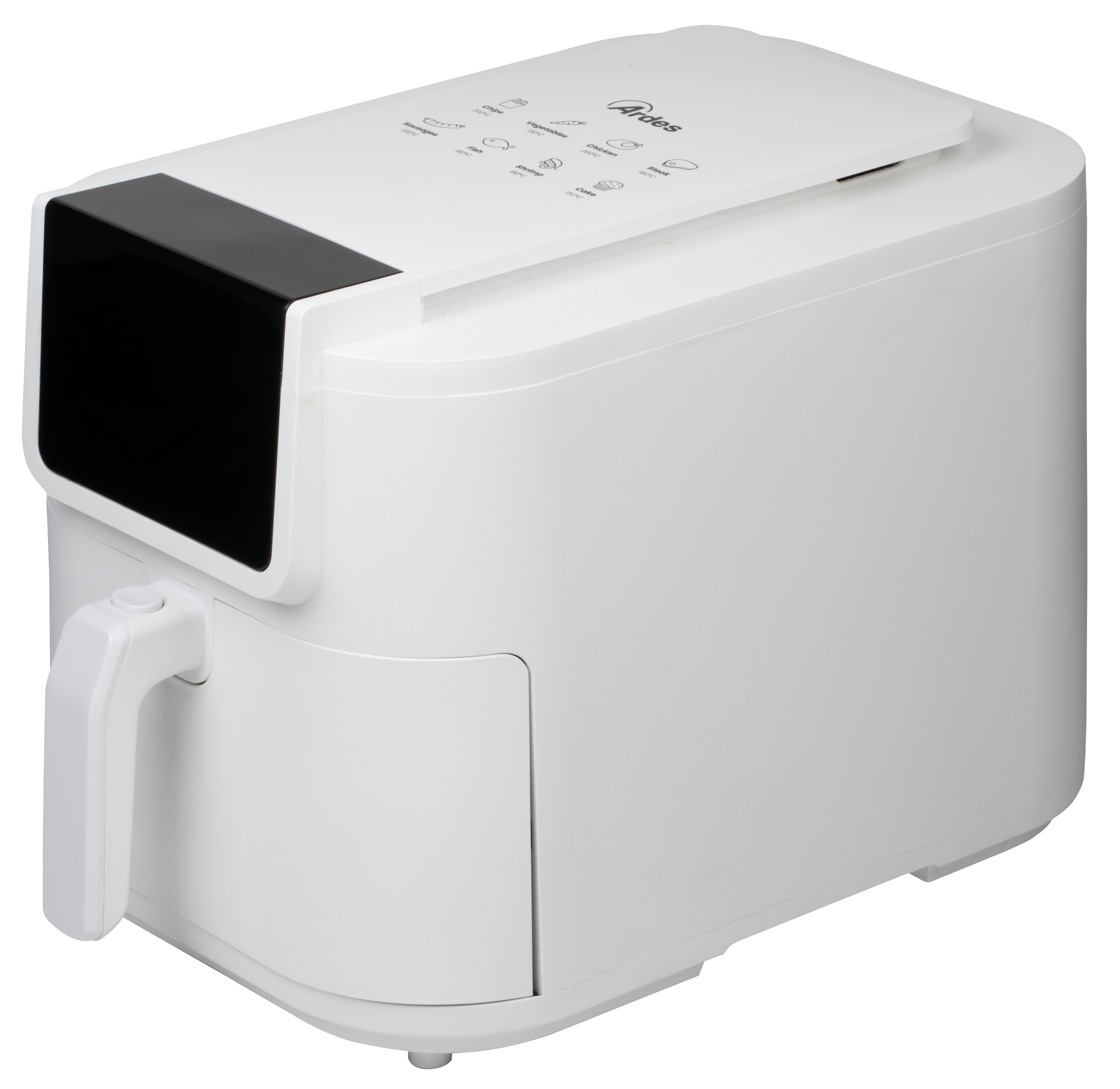 Biała frytkownica, widok pod kątem, z uchwytem i panelem sterowania.