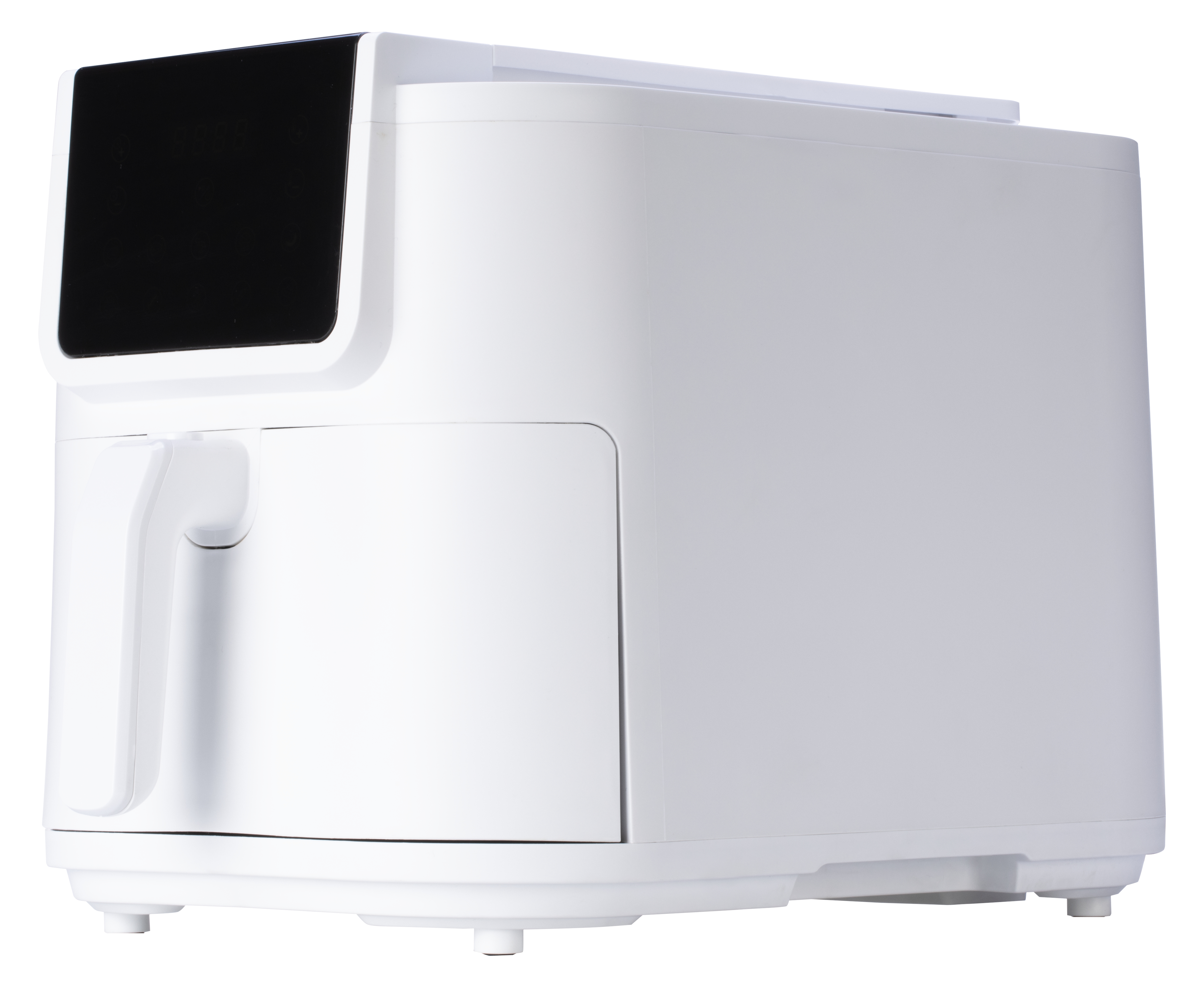 Biała frytkownica beztłuszczowa z czarnym wyświetlaczem i szufladą w dolnej części urządzenia.