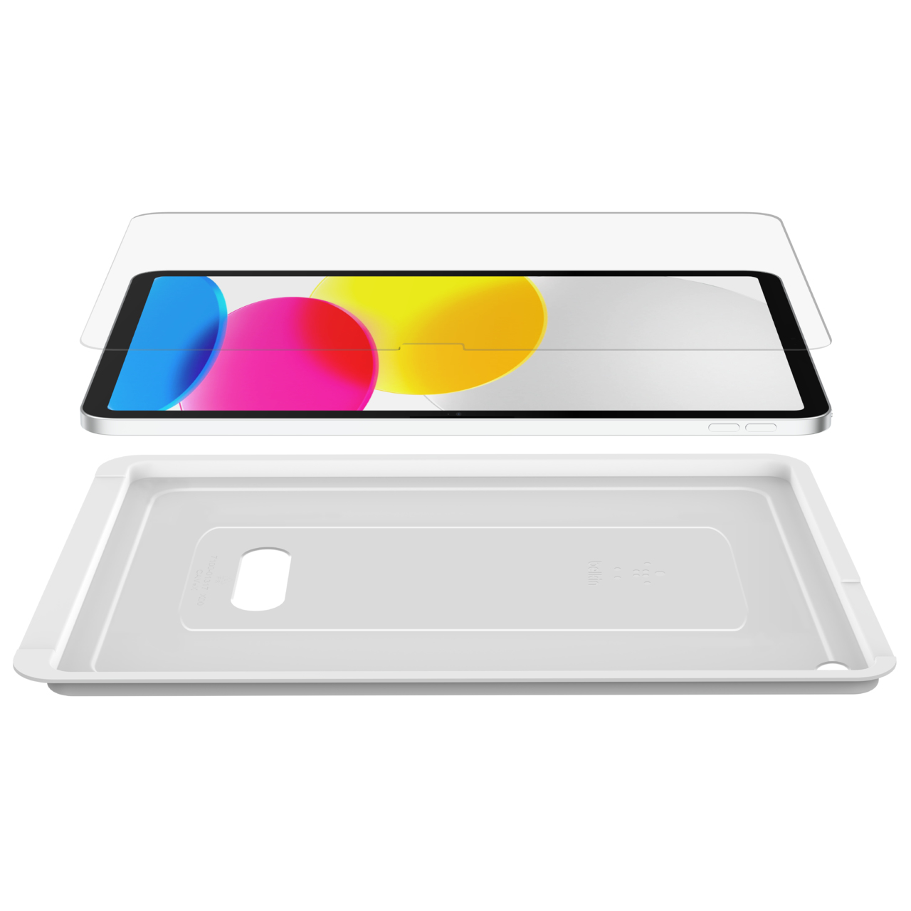 Tablet z ochraniaczem ekranu i etui, ułożone.