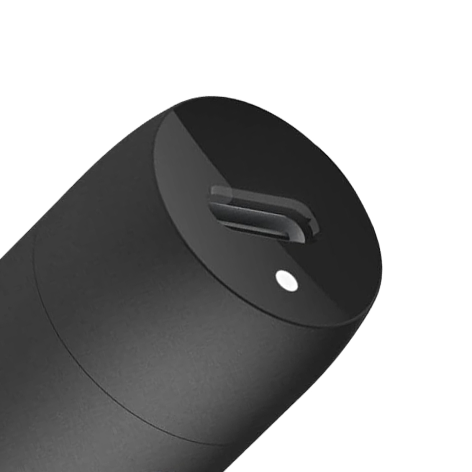 Dispositivo nero, cilindrico con porta USB-C. Sfondo bianco.