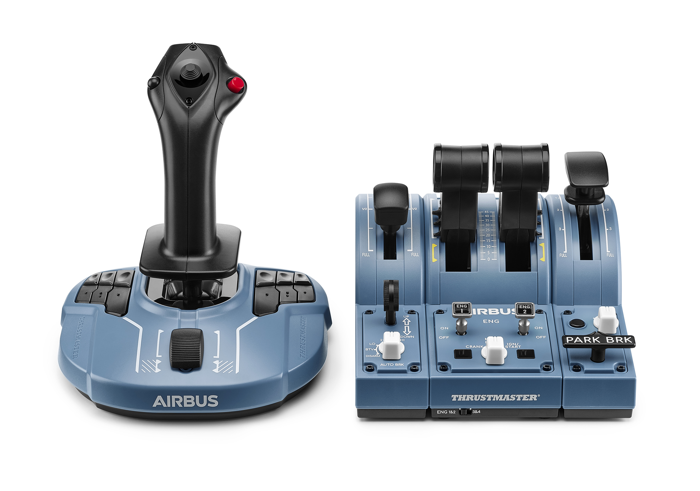 Blue Airbus joystick and throttle. Black handles, multiple buttons and levers.