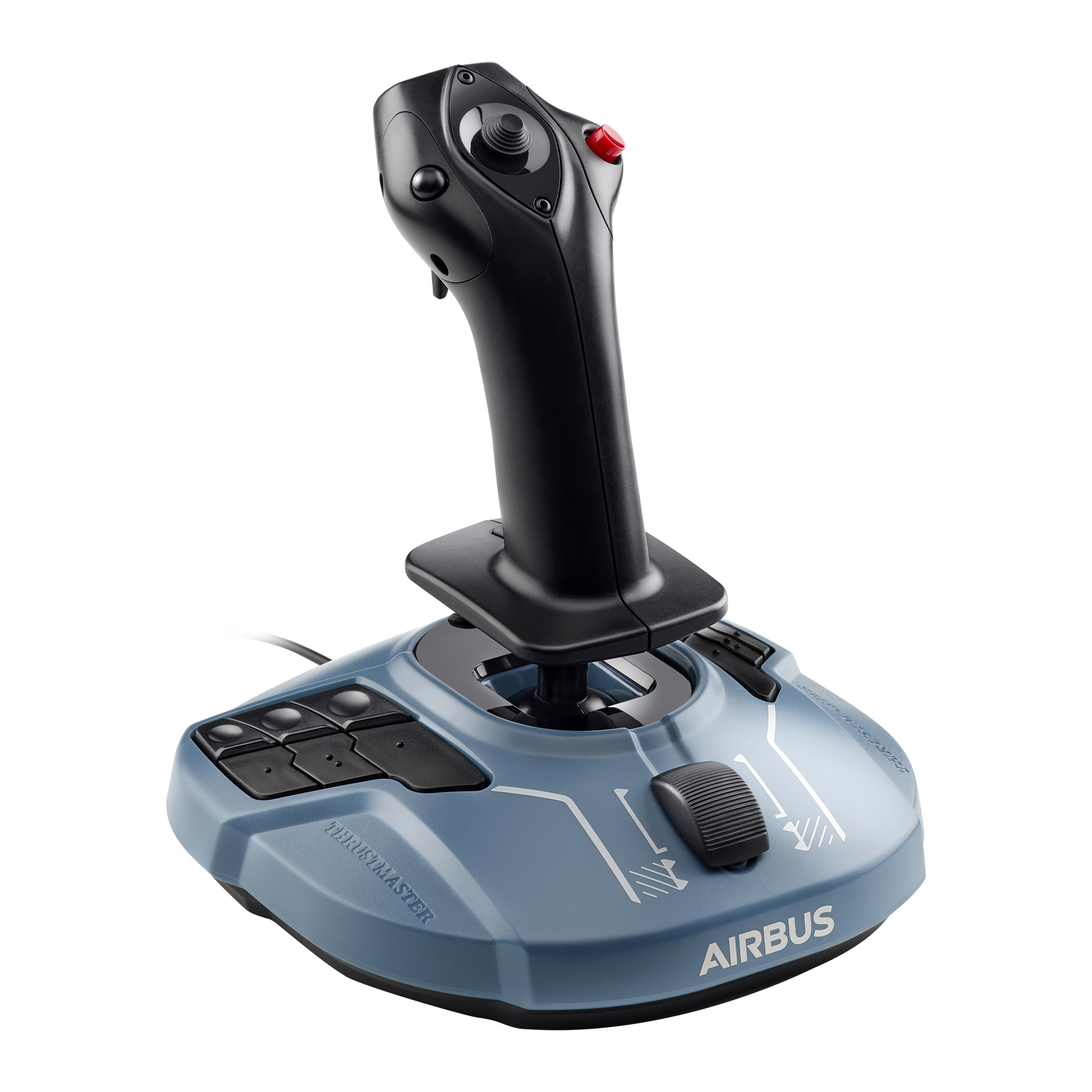 Blue Airbus joystick. Black handle, buttons, and controls. Thrustmaster and Airbus logos.