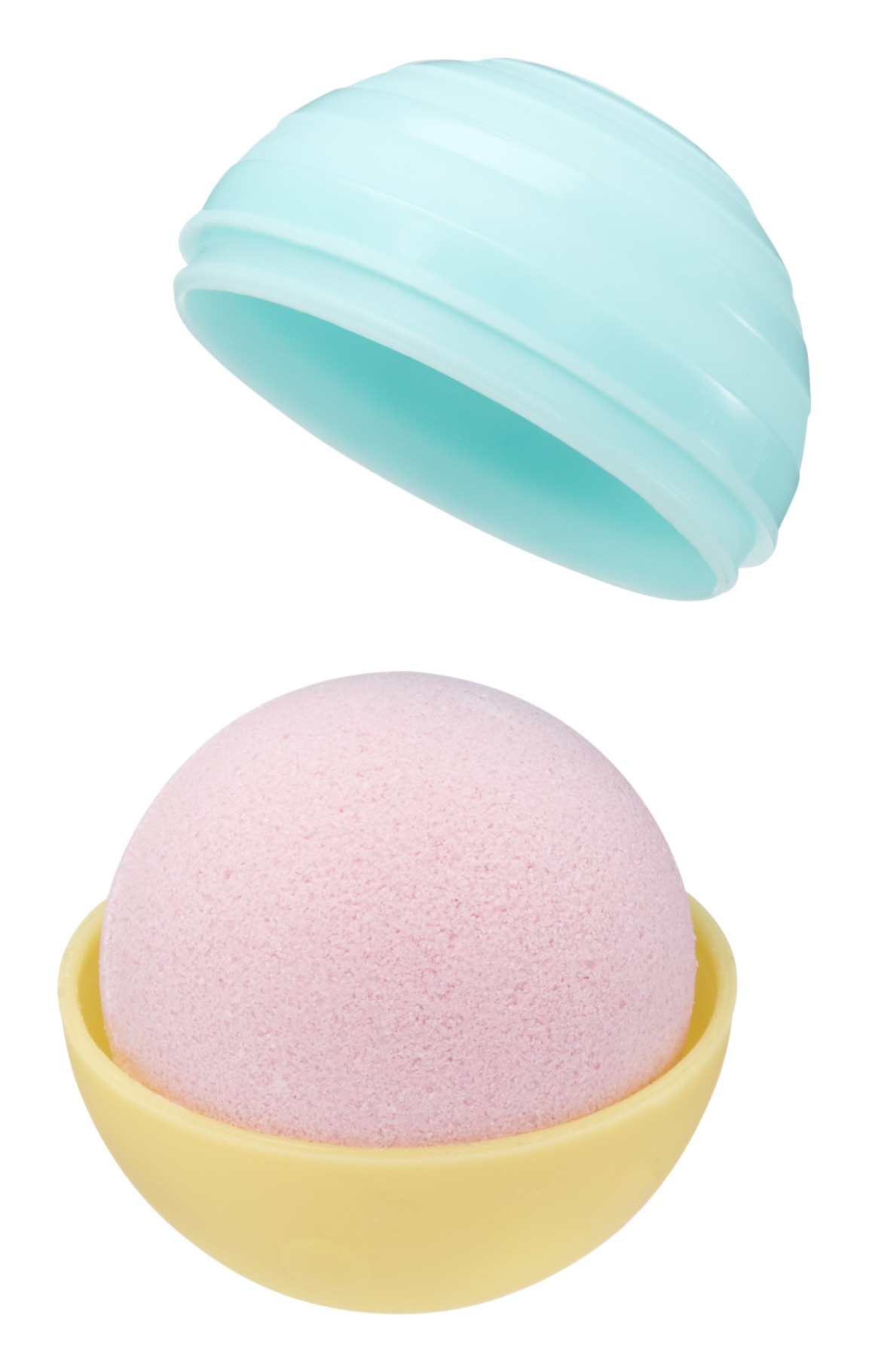 Kula do kąpieli i pojemnik. Kula jest różowa, pojemnik niebieski i żółty.