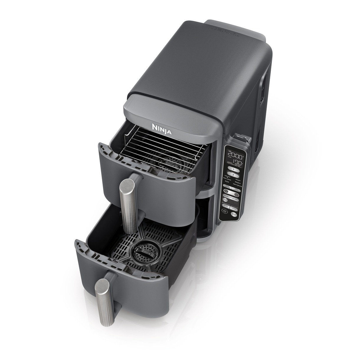 Frytownica beztłuszczowa Ninja. Dwa kosze są otwarte. Panel sterowania ma wyświetlacz cyfrowy.