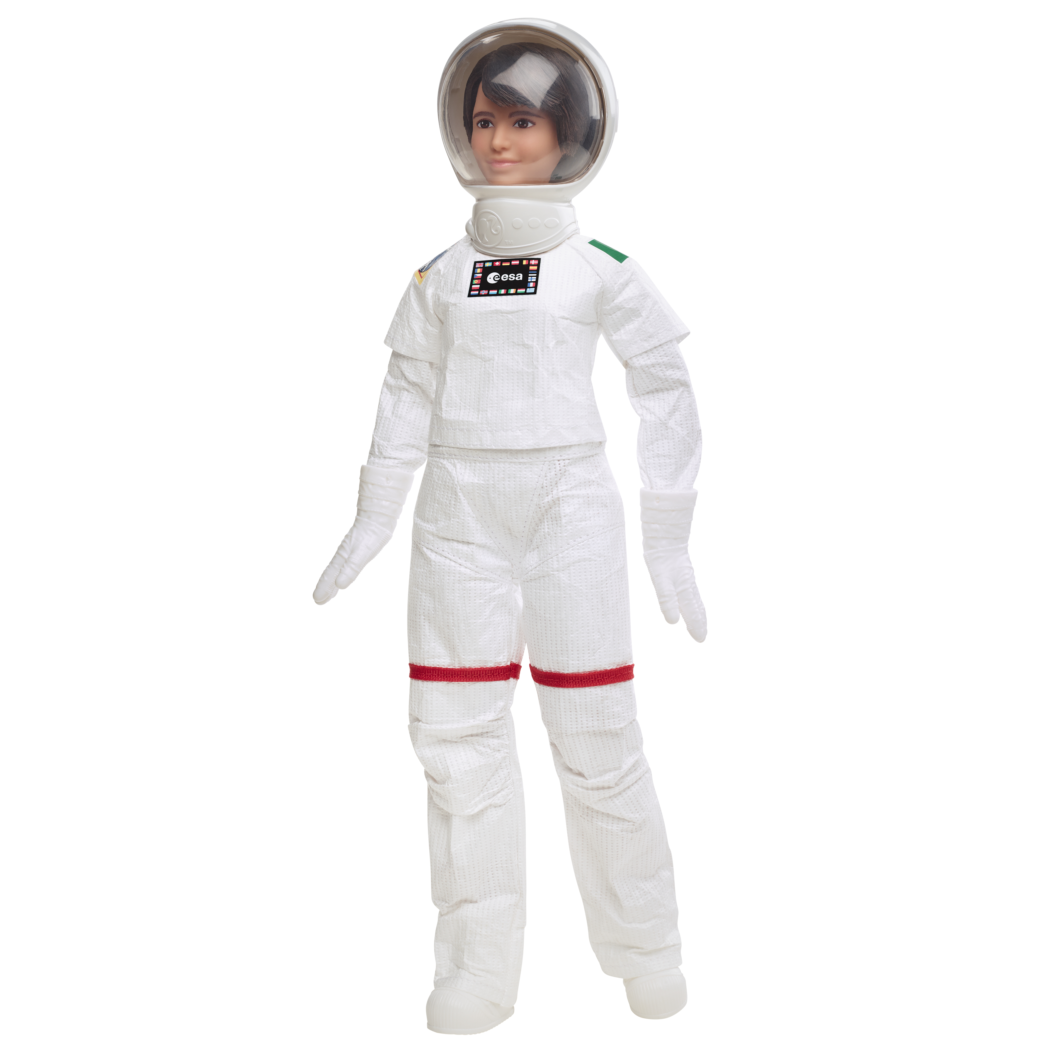 Muñeca astronauta con traje espacial y casco blancos, fondo blanco.