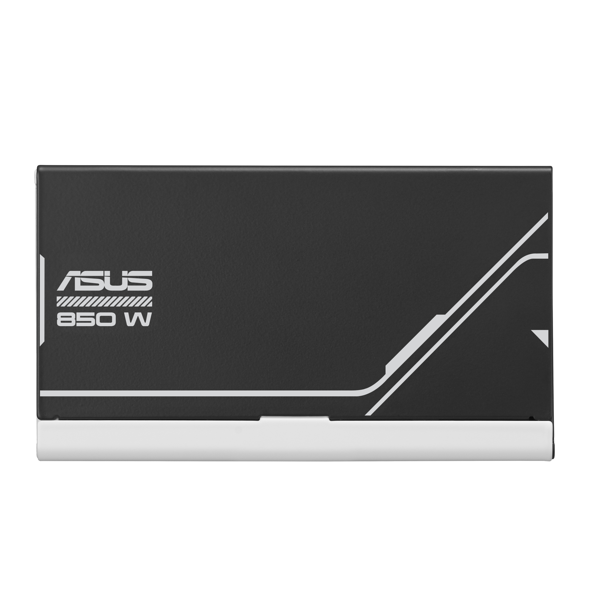 Czarny zasilacz ASUS. Białe logo ASUS i tekst 850W. Biały pasek na dole.